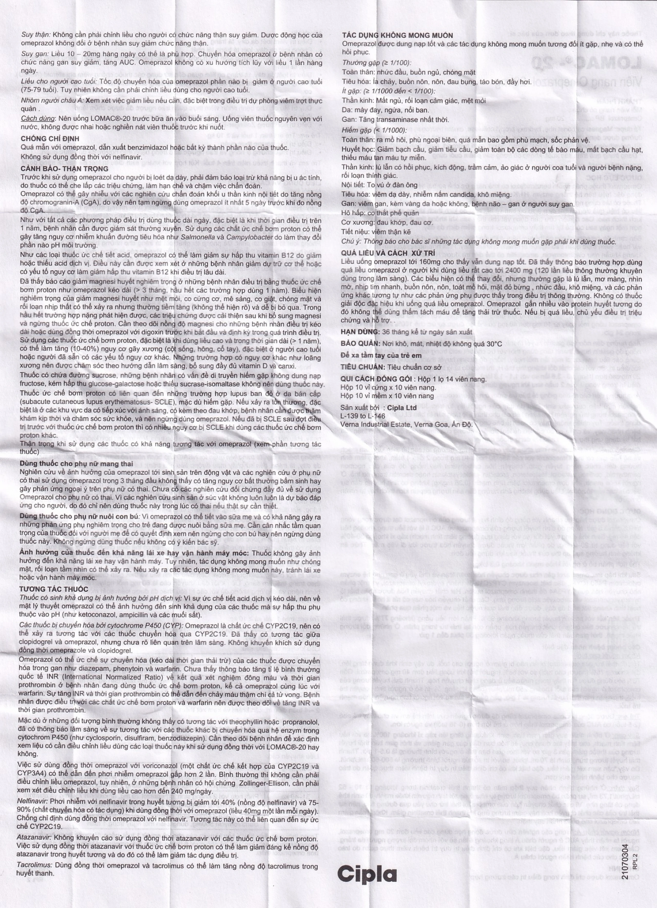 Thuốc Lomac-20 Cipla điều trị viêm loét dạ dày - tá tràng, trào ngược thực quản (10 vỉ x 10 viên)