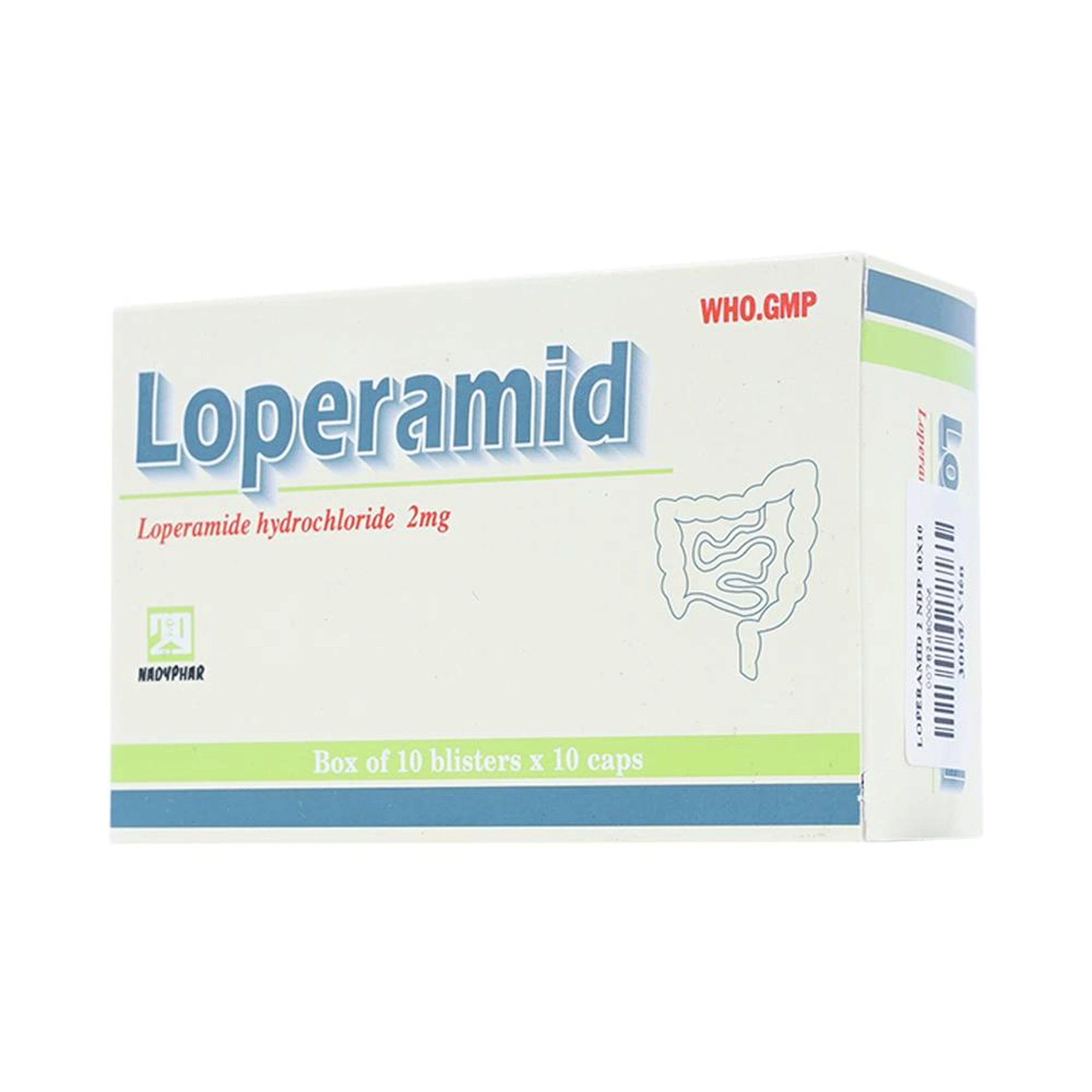 Viên nang cứng Loperamid 2mg Nadyphar điều trị triệu chứng tiêu chảy cấp tính và mạn tính (10 vỉ x 10 viên)