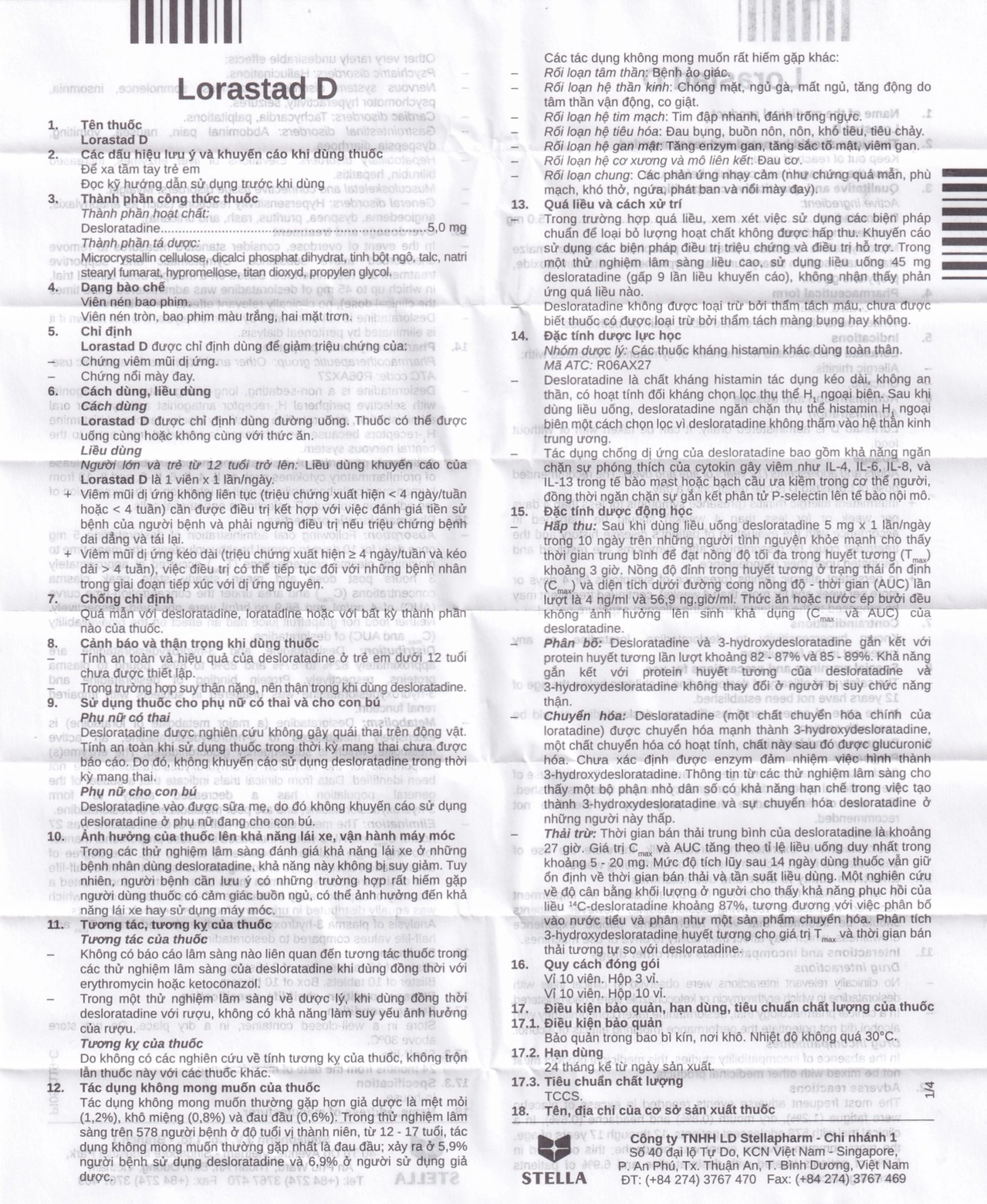 Viên nén Lorastad D 5mg Stella giảm viêm mũi dị ứng, mày đay (3 vỉ x 10 viên)