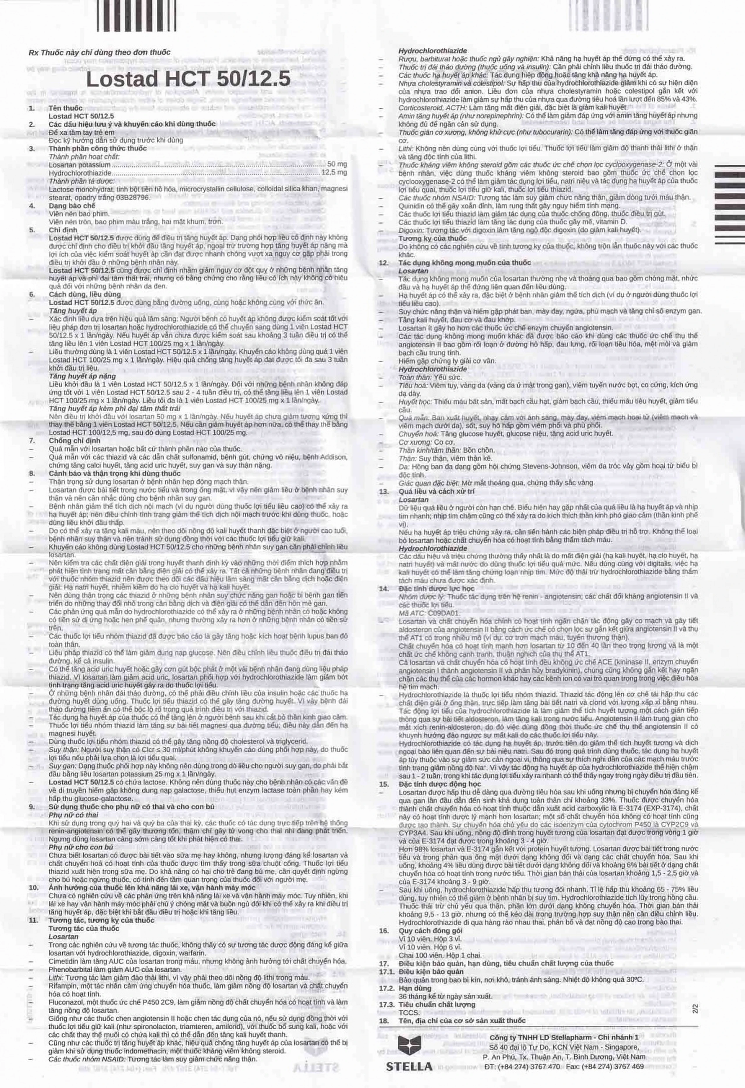 Thuốc Lostad HCT 50/12.5 Stella điều trị tăng huyết áp, giảm nguy cơ đột quỵ (3 vỉ x 10 viên) 