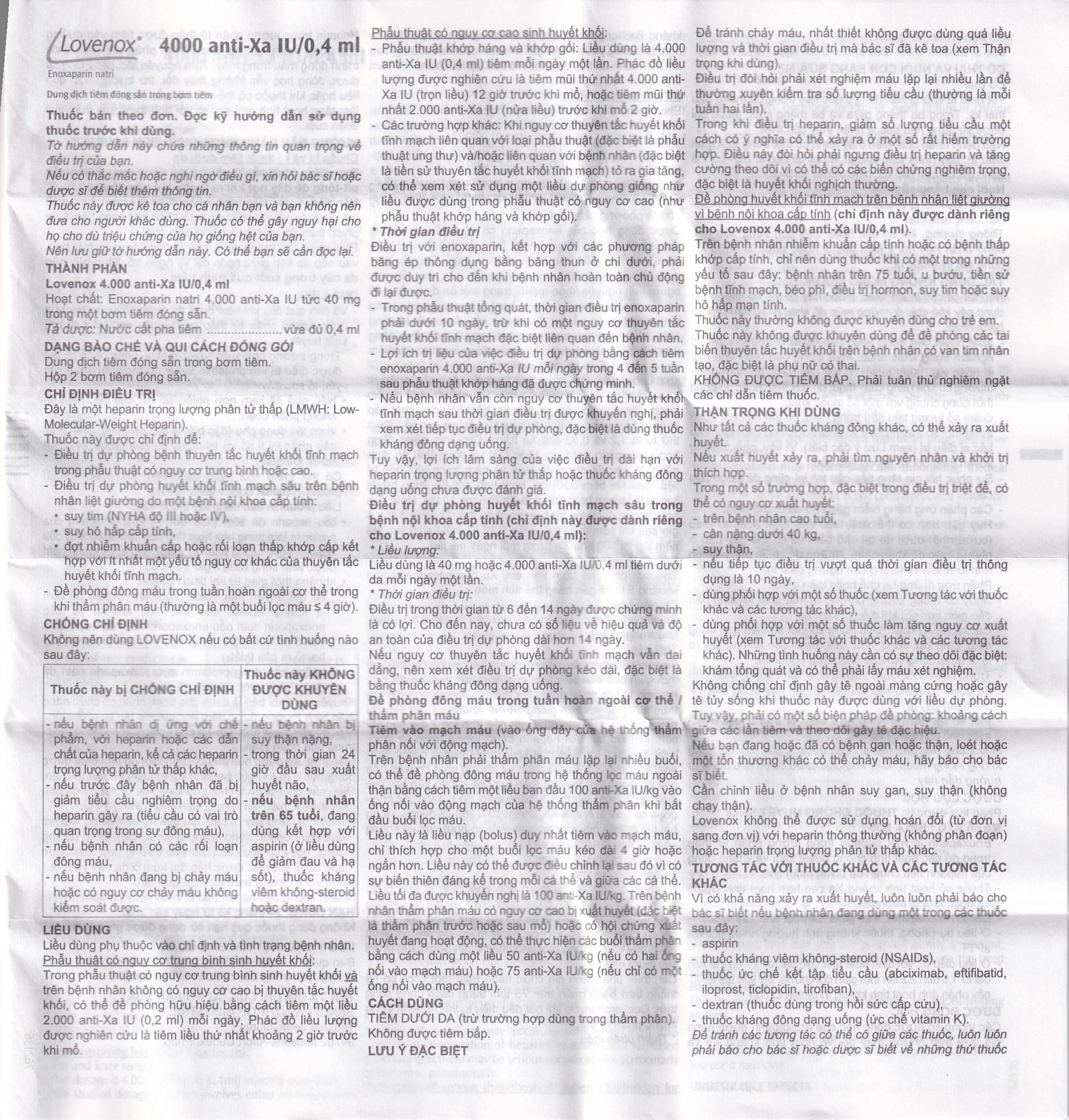 Dung dịch tiêm Lovenox 4000 anti-Xa IU/0.4 ml điều trị dự phòng bệnh thuyên tắc huyết khối tĩnh mạch (2 ống)