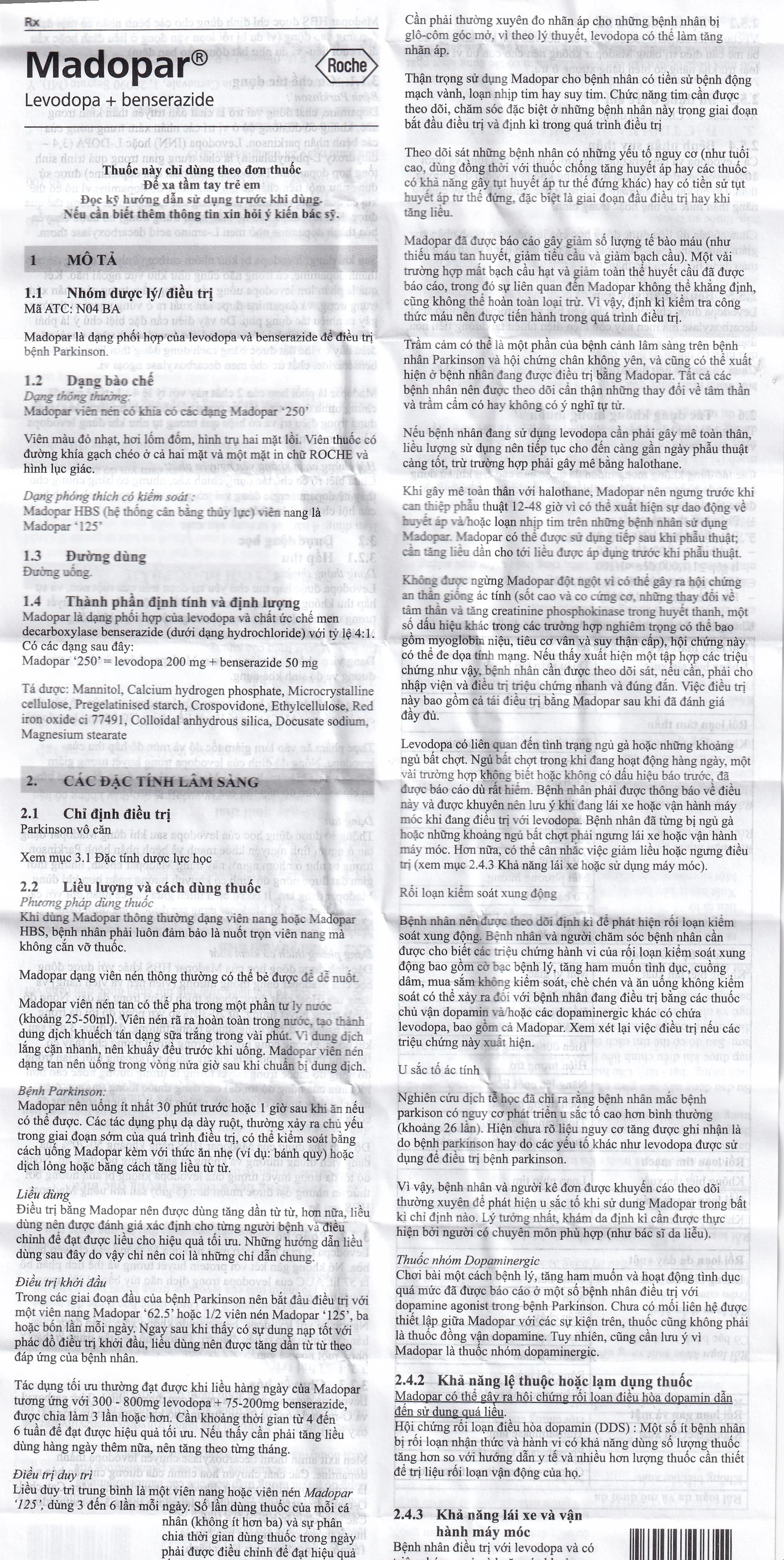 Viên nén Madopar Levodopa And Benserazide 250 Roche điều trị bệnh Parkinson vô căn (30 viên)