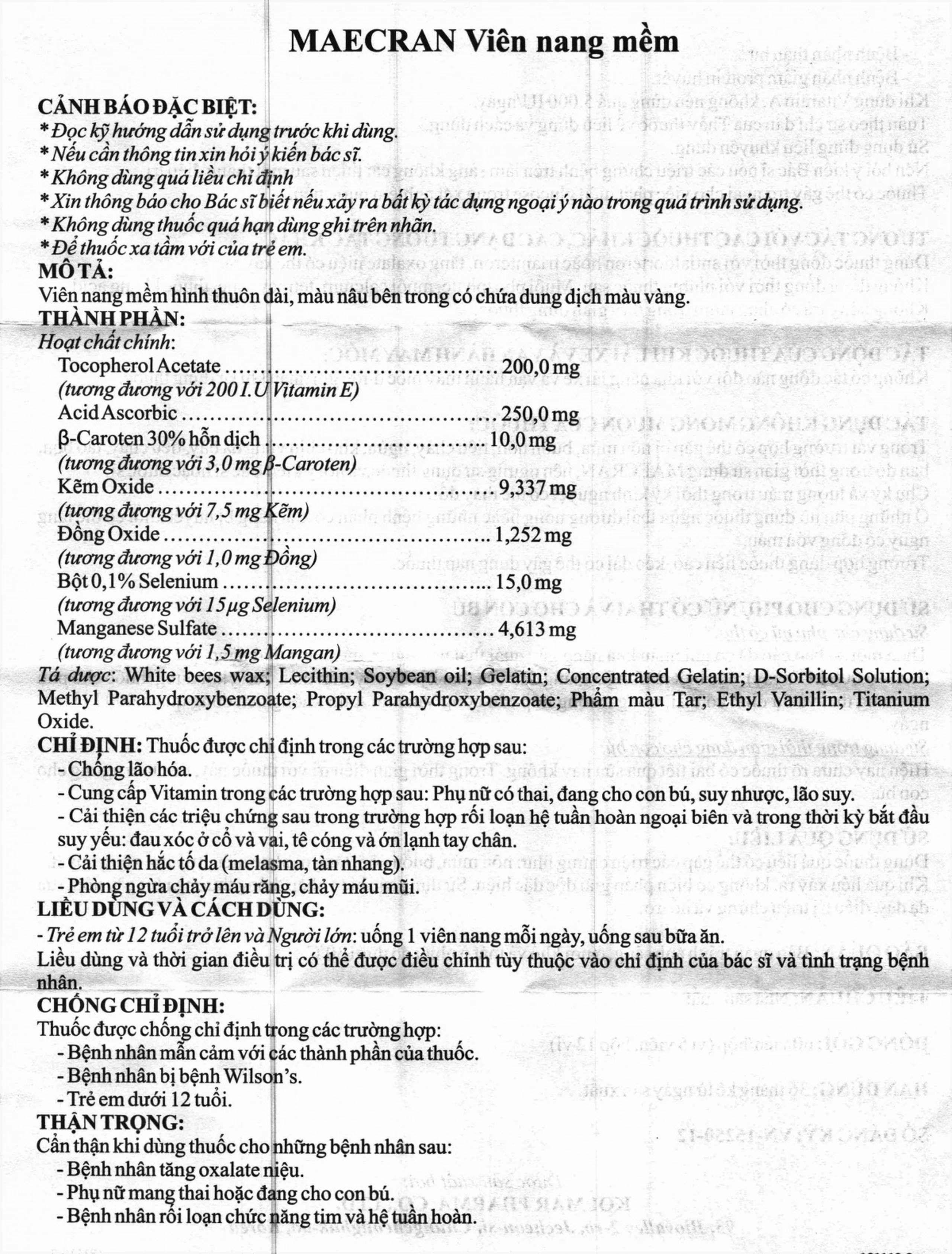 Viên nang mềm Maecran Kolmar Pharma chống lão hóa, cung cấp vitamin (12 vỉ x 5 viên)