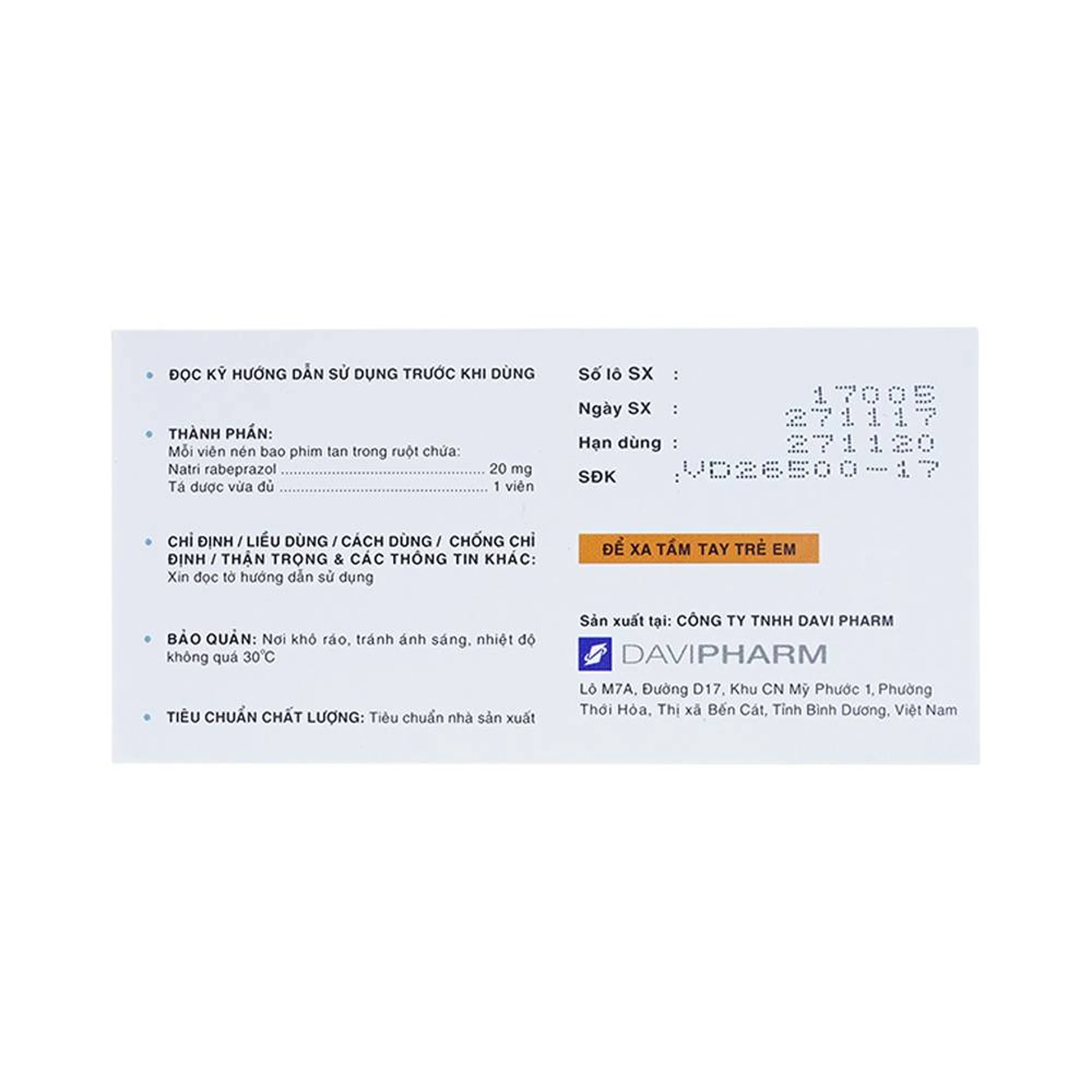 Viên nén Martaz 20mg DaViPharm điều trị loét dạ dày (10 vỉ x 10 viên)