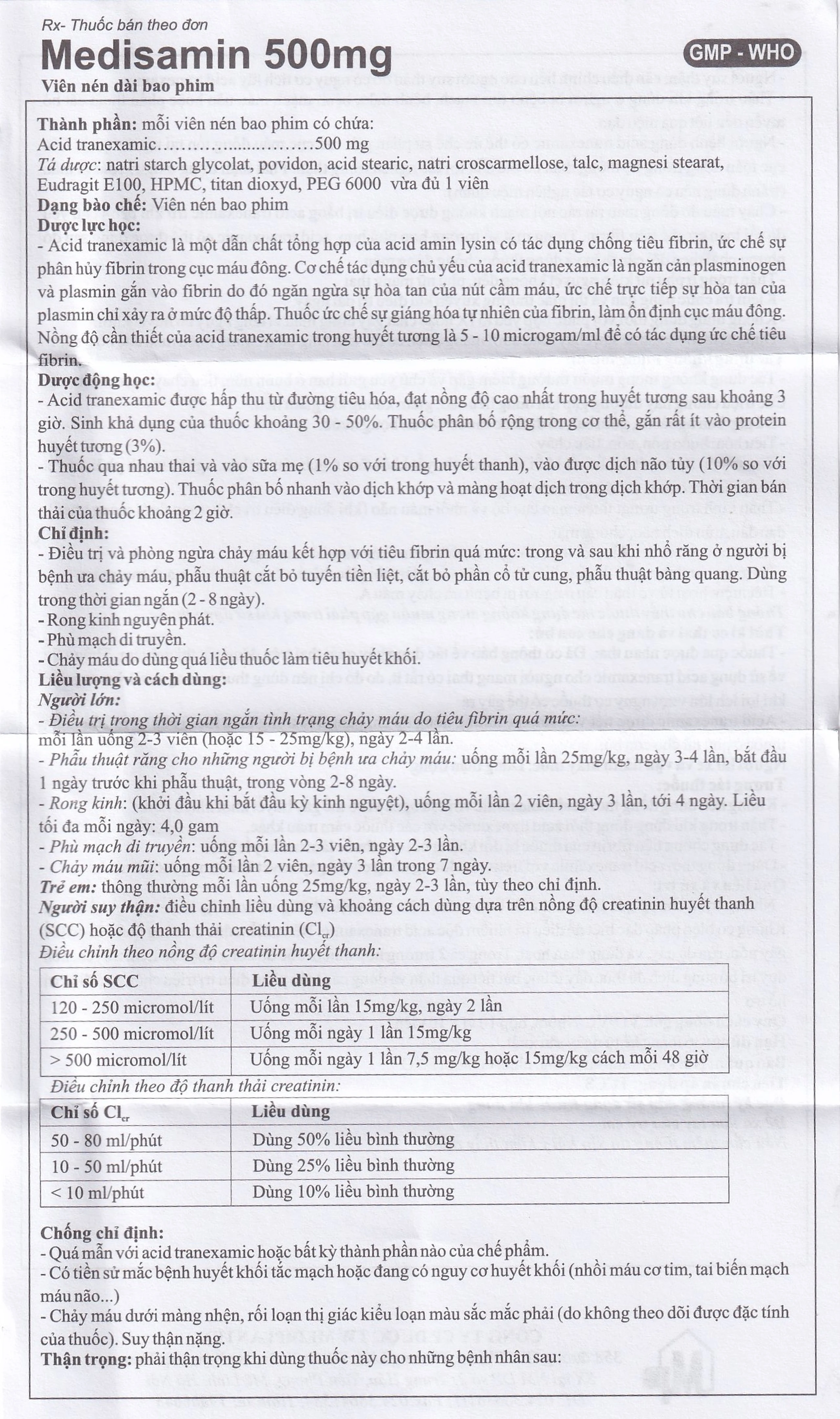 Thuốc Medisamin 500mg Mediplantex điều trị chảy máu ở bệnh ưa chảy máu, rong kinh (10 vỉ x 10 viên) 