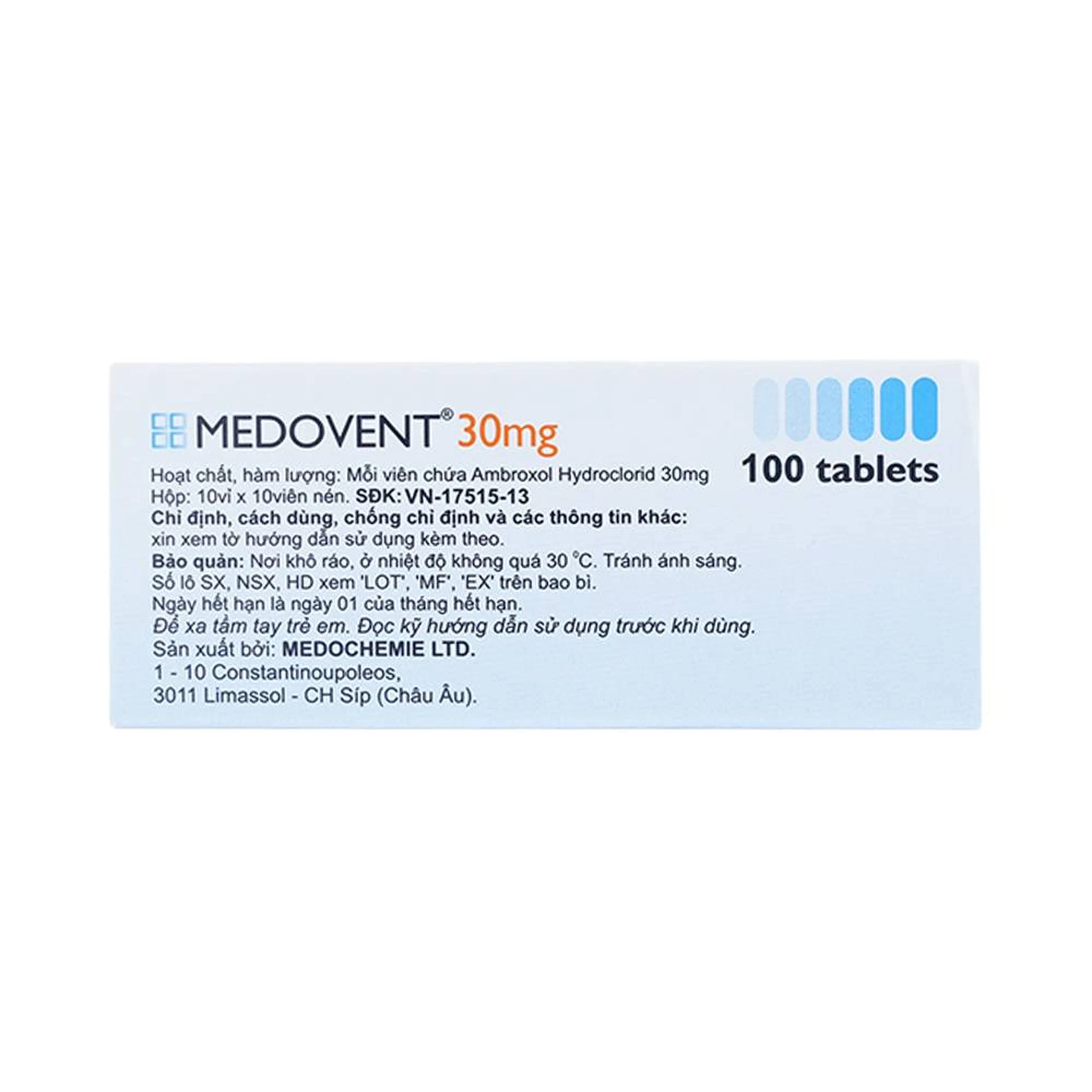 Viên nén Medovent 30mg Medochemie điều trị bệnh phế quản phổi cấp, mạn tính (10 vỉ x 10 viên)