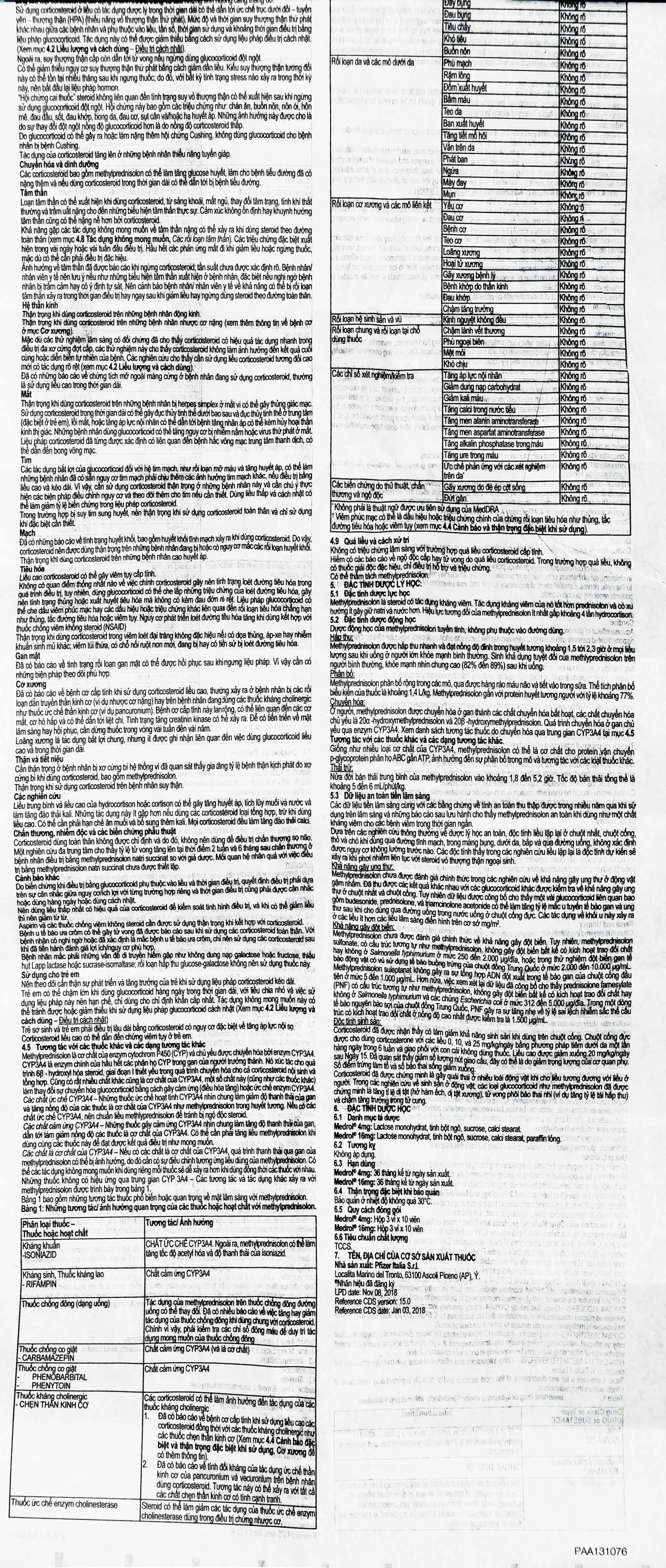 Thuốc Medrol 4mg Pfizer kháng viêm, điều trị rối loạn nội tiết, viêm tuyến giáp (3 vỉ x 10 viên)