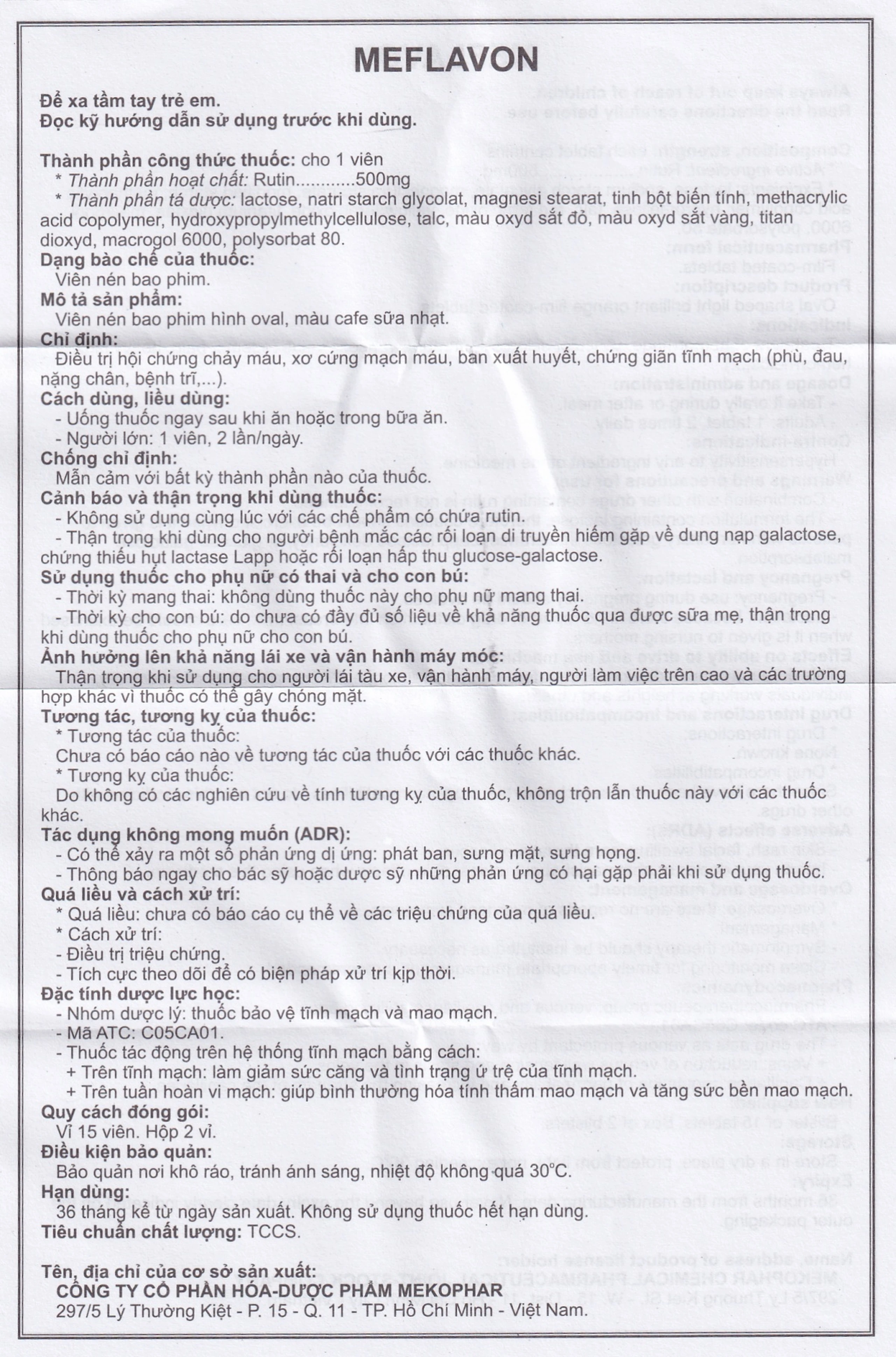 Viên nén Meflavon 500mg Mekophar điều trị hội chứng chảy máu, xơ cứng mạch máu (2 vỉ x 15 viên)