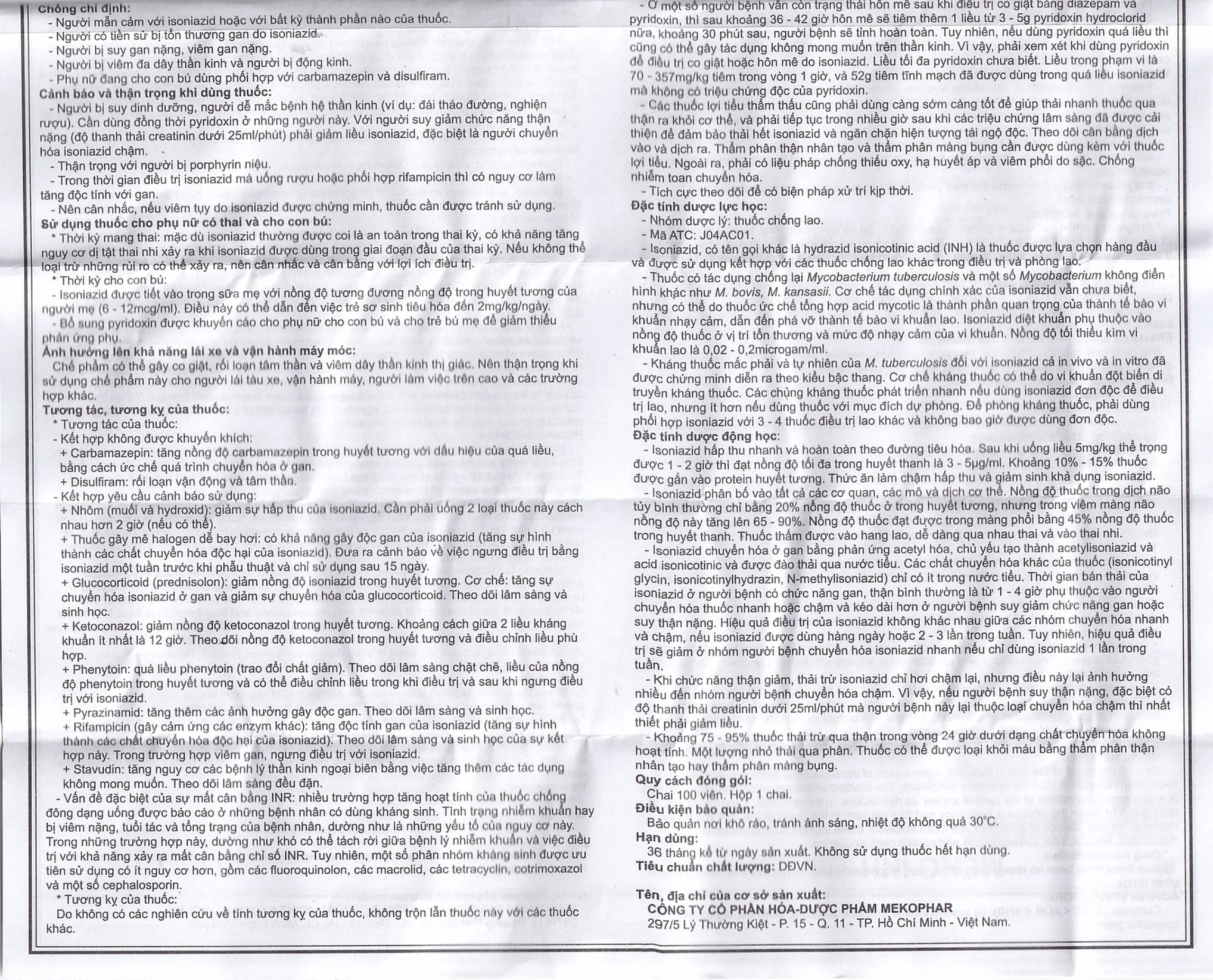 Viên nén Meko INH 150 Mekophar phòng và điều trị lao phổi (100 viên)