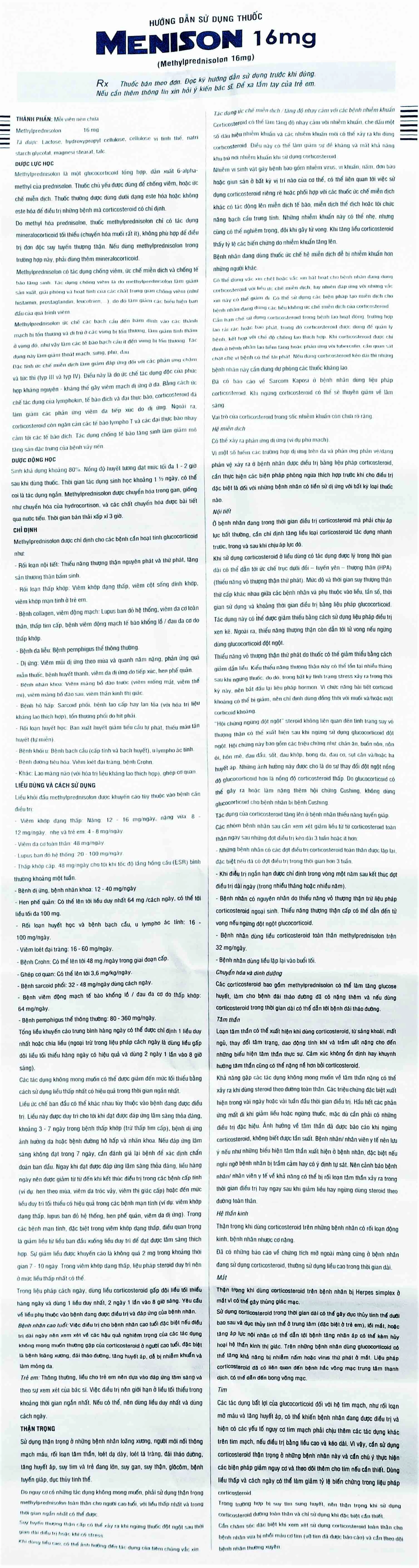 Thuốc Menison 16mg Pymepharco điều trị rối loạn nội tiết, viêm khớp, bệnh collagen (3 vỉ x 10 viên)