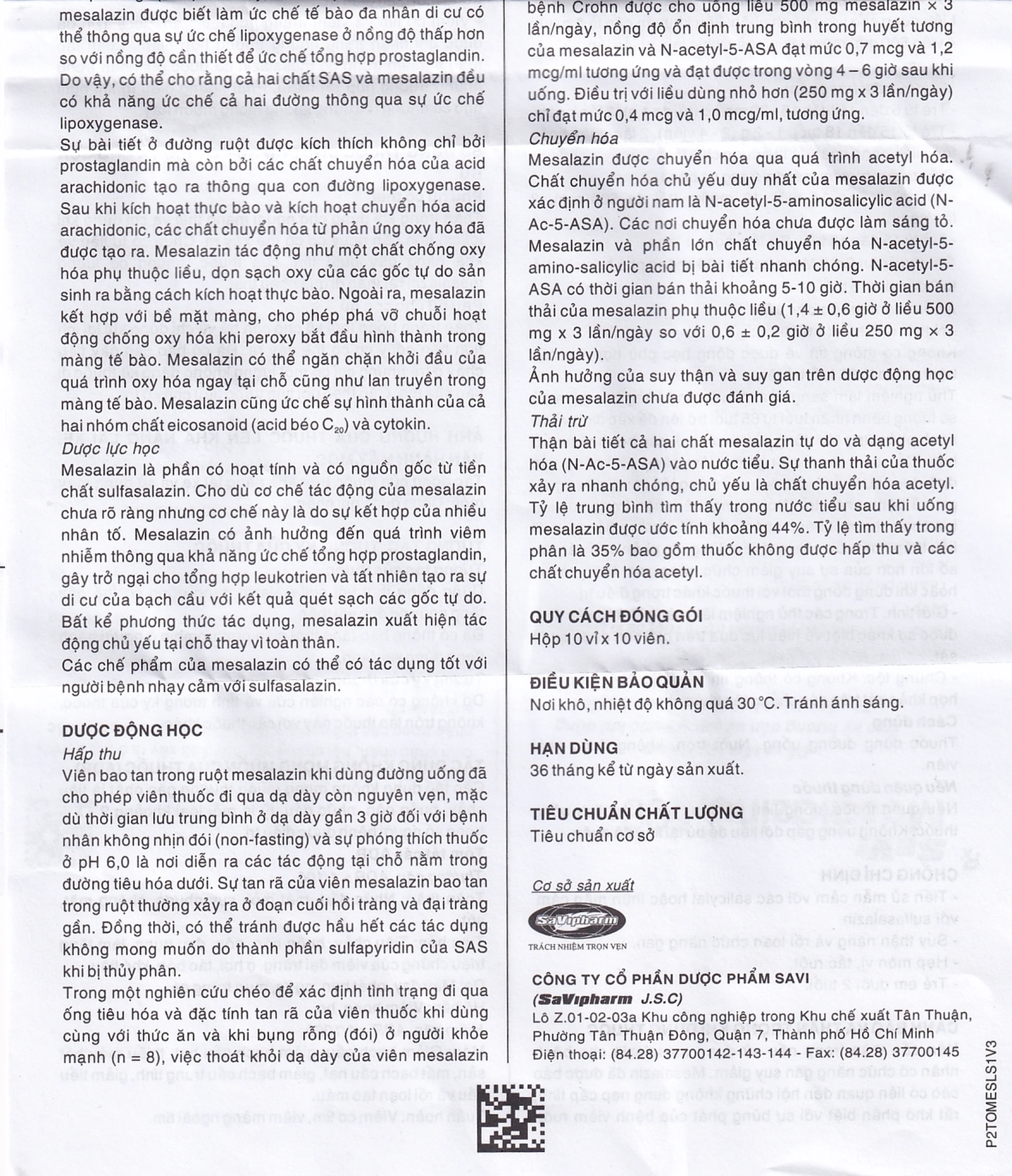 Thuốc Mesalazine 500mg SaviPharm điều trị viêm loét đại tràng (10 vỉ x 10 viên)