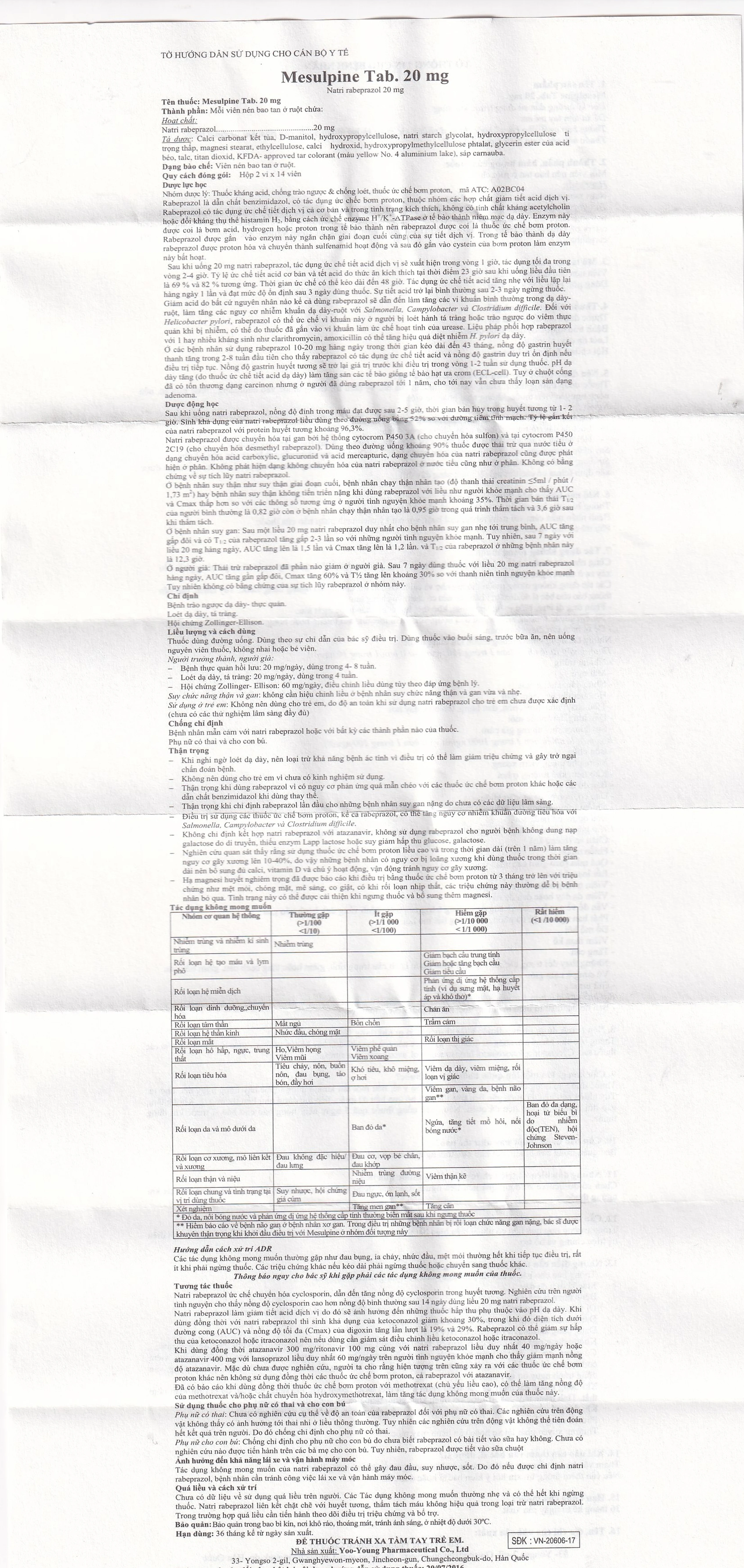 Viên nén Mesulpine 20mg YooYoung điều trị bệnh trào ngược dạ dày, thực quản (2 vỉ x 14 viên) 