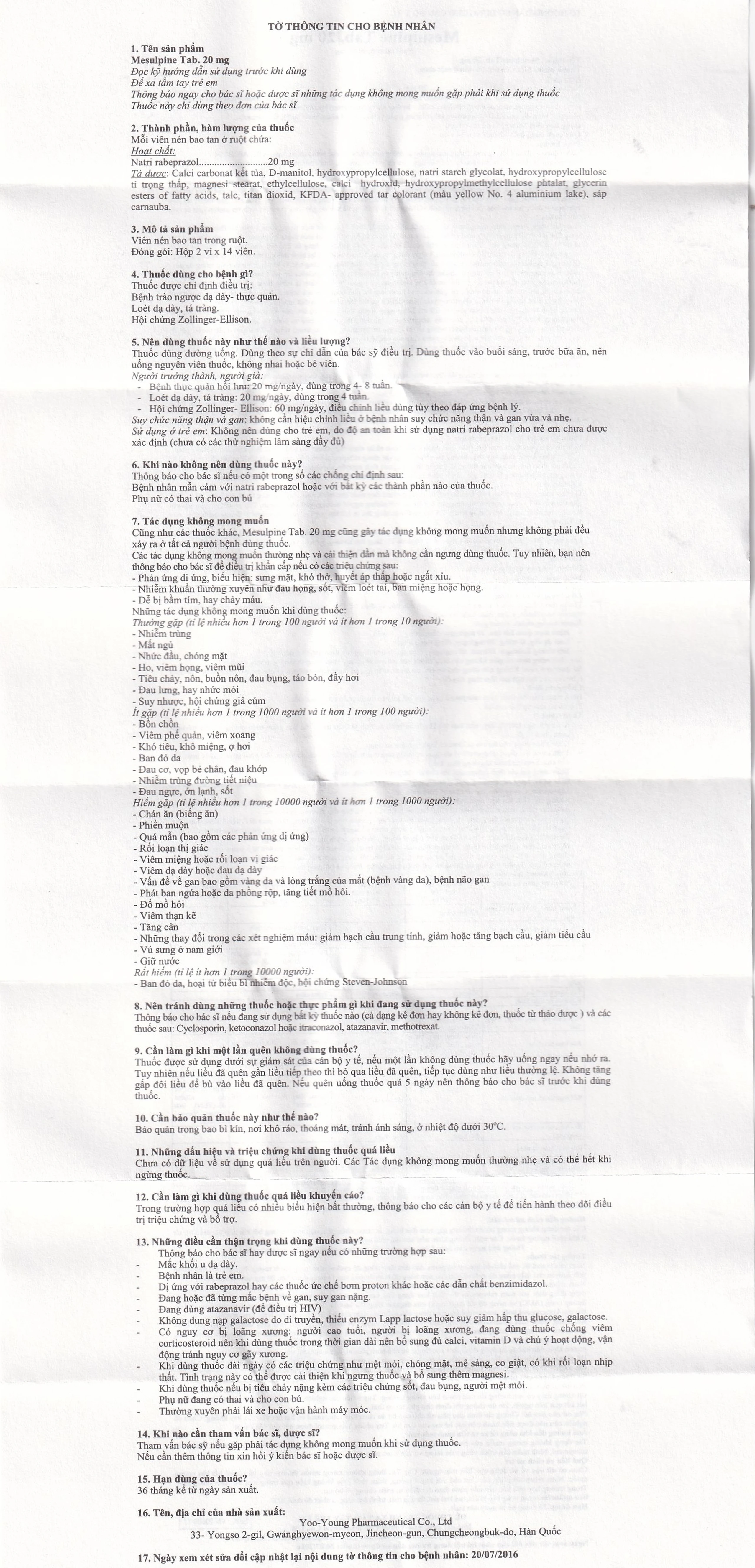 Viên nén Mesulpine 20mg YooYoung điều trị bệnh trào ngược dạ dày, thực quản (2 vỉ x 14 viên) 