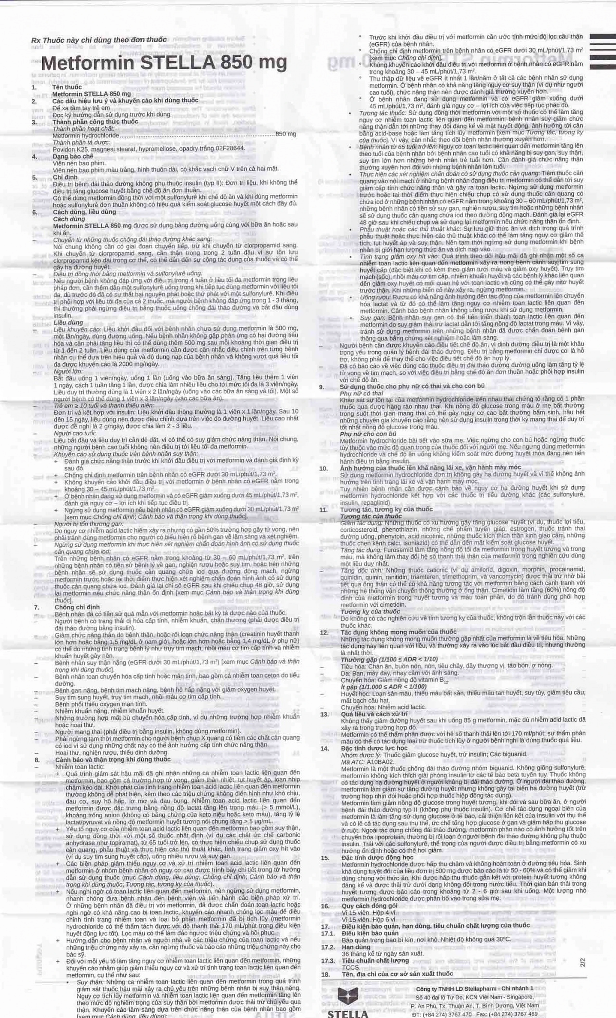 Viên nén Metformin Stella 850mg điều trị bệnh đái tháo đường (4 vỉ x 15 viên)