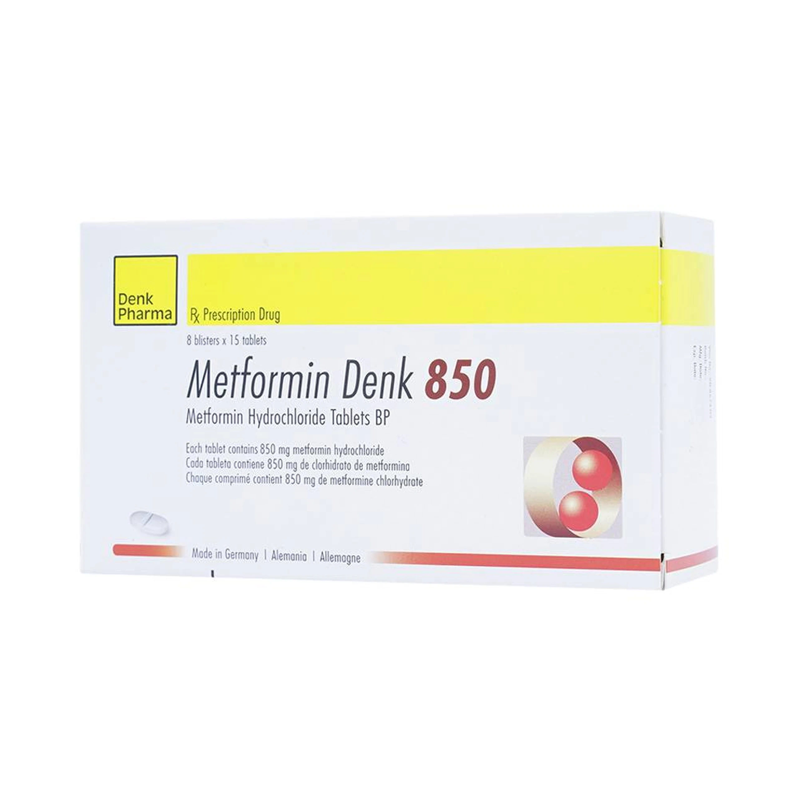 Viên nén Metformin Denk 850 điều trị đái tháo đường típ 2 (8 vỉ x 15 viên)