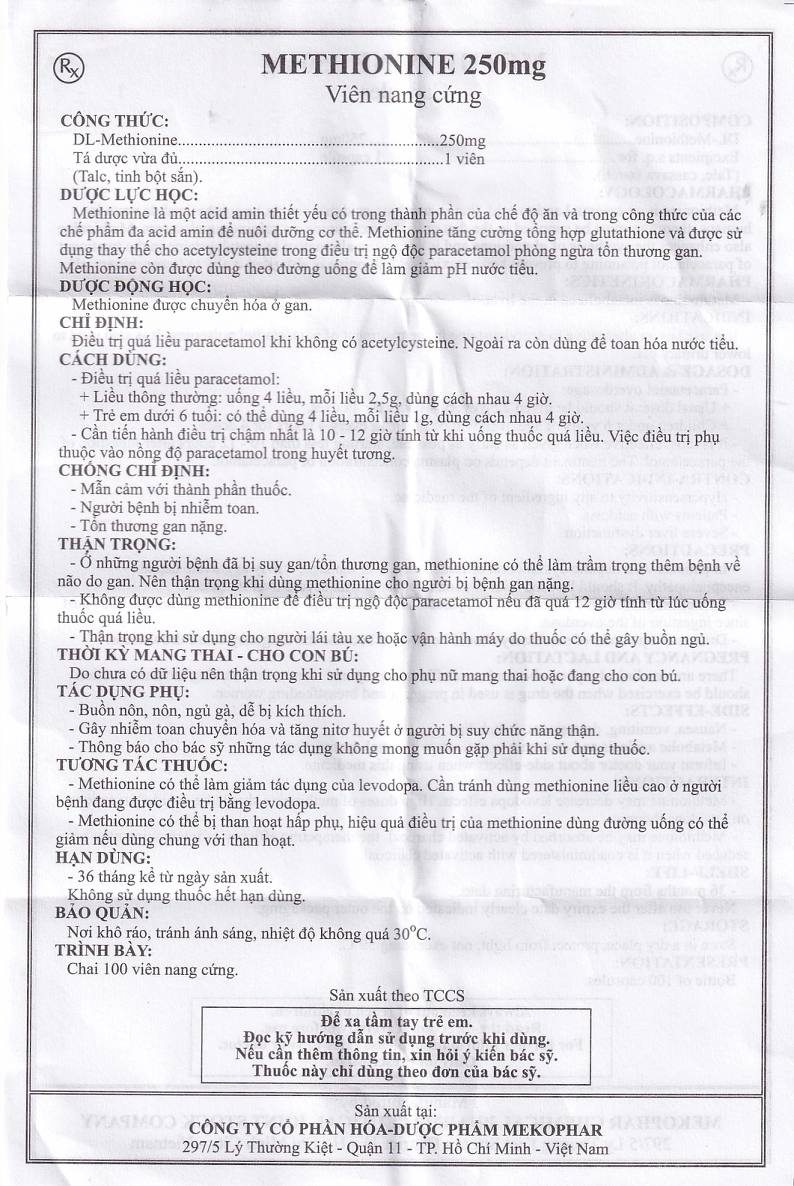 Viên nang cứng Methionine 250mg Mekophar điều trị quá liều paracetamol (100 viên)
