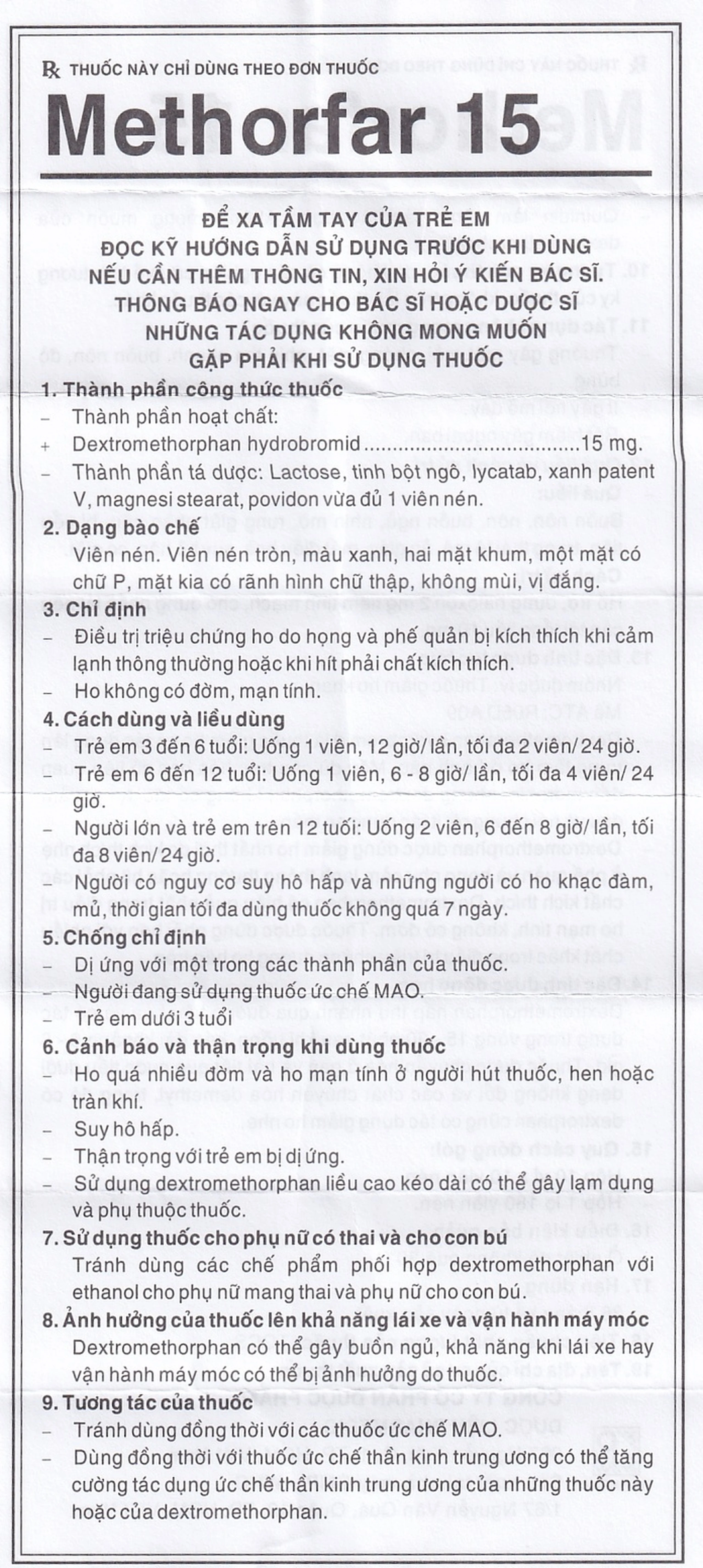Thuốc trị ho Methorfar 15 Pharmedic dùng cho cảm lạnh, ho không đờm (10 vỉ x 10 viên)