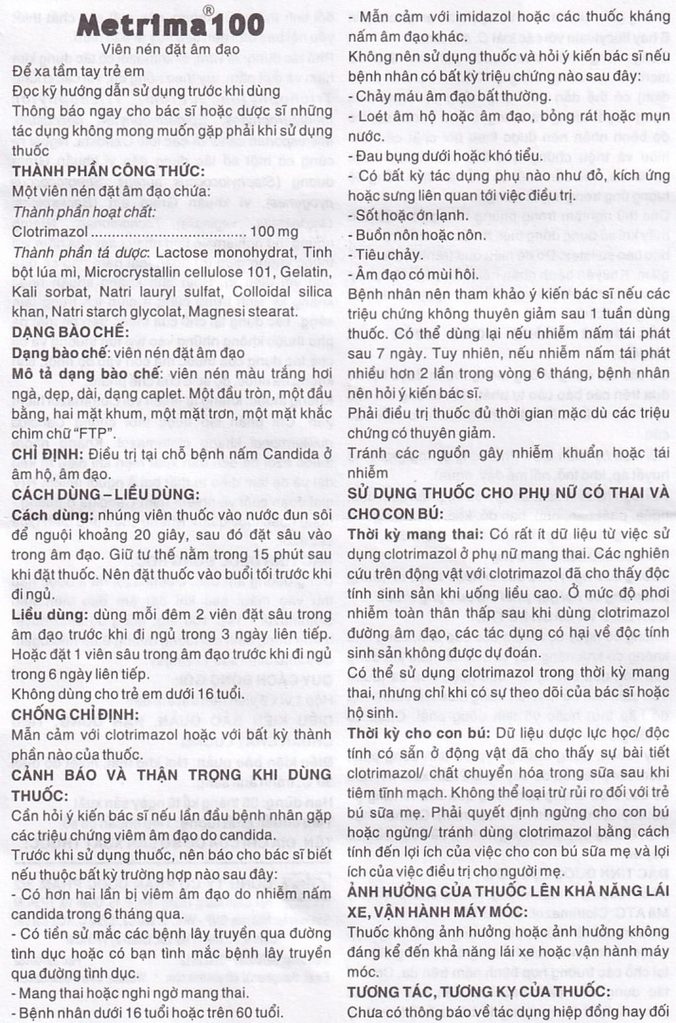 Viên đặt âm đạo Metrima 100 Dược 3-2 điều trị nấm candida (1 vỉ x 6 viên)