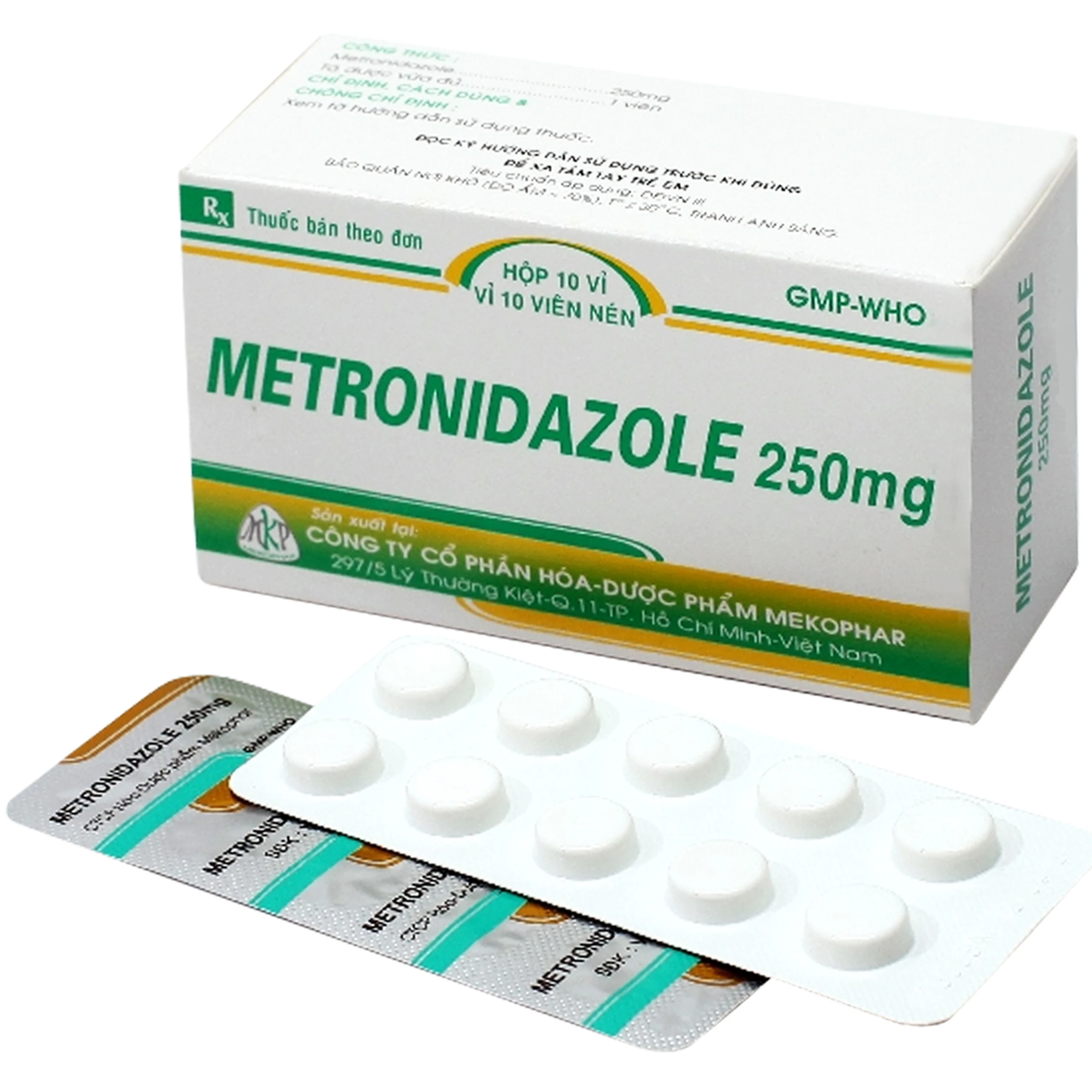 Viên nén Metronidazole 250mg Mekophar điều trị viêm nhiễm đường niệu sinh dục, bệnh do amip (10 vỉ x 10 viên)