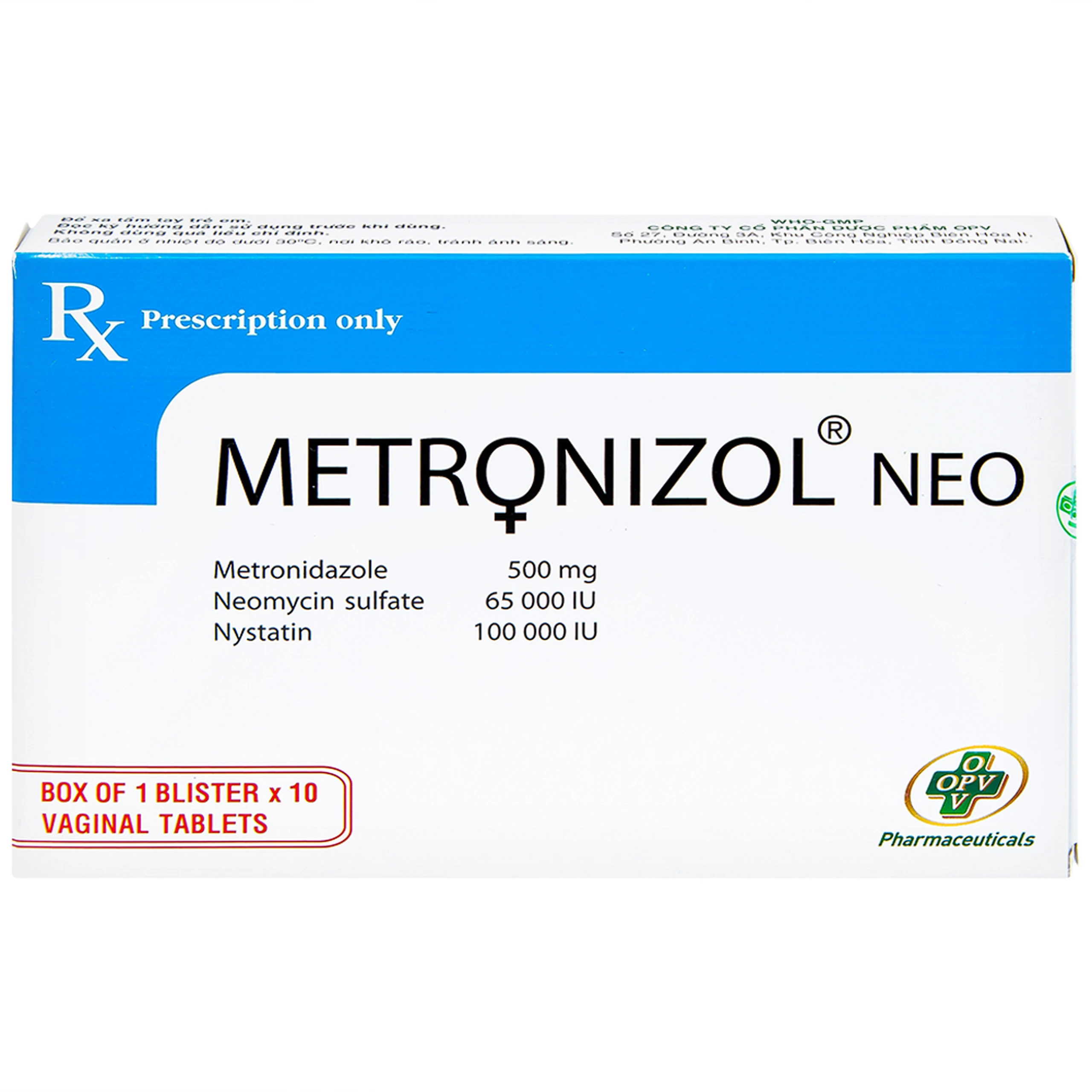 Viên đặt âm đạo Metronizol Neo OPV điều trị viêm nhiễm âm đạo (1 vỉ x 10 viên)