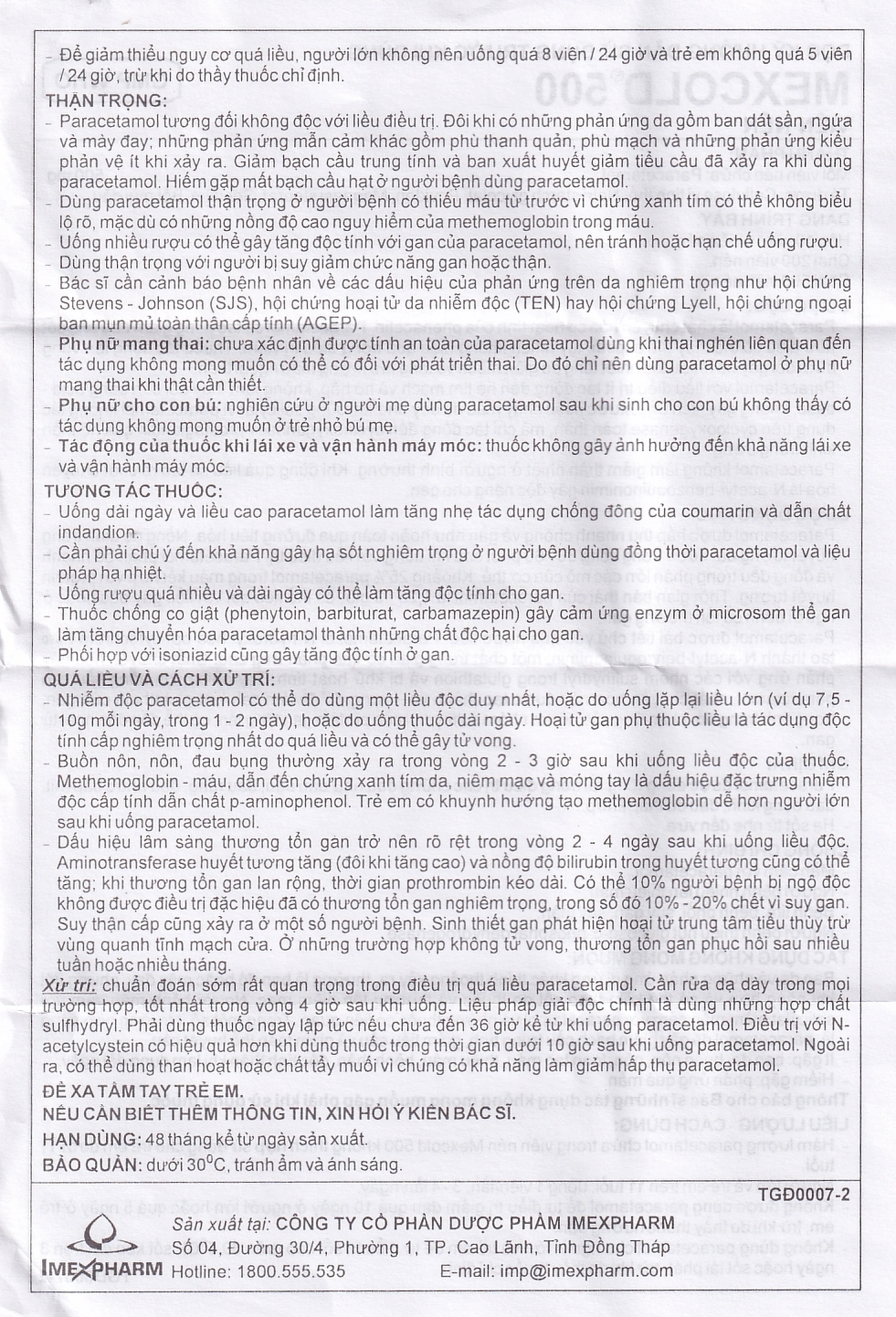 Viên nén Mexcold 500 Imexpharm điều trị đau đầu, đau răng, đau nhức bắp thịt (10 vỉ x 10 viên)