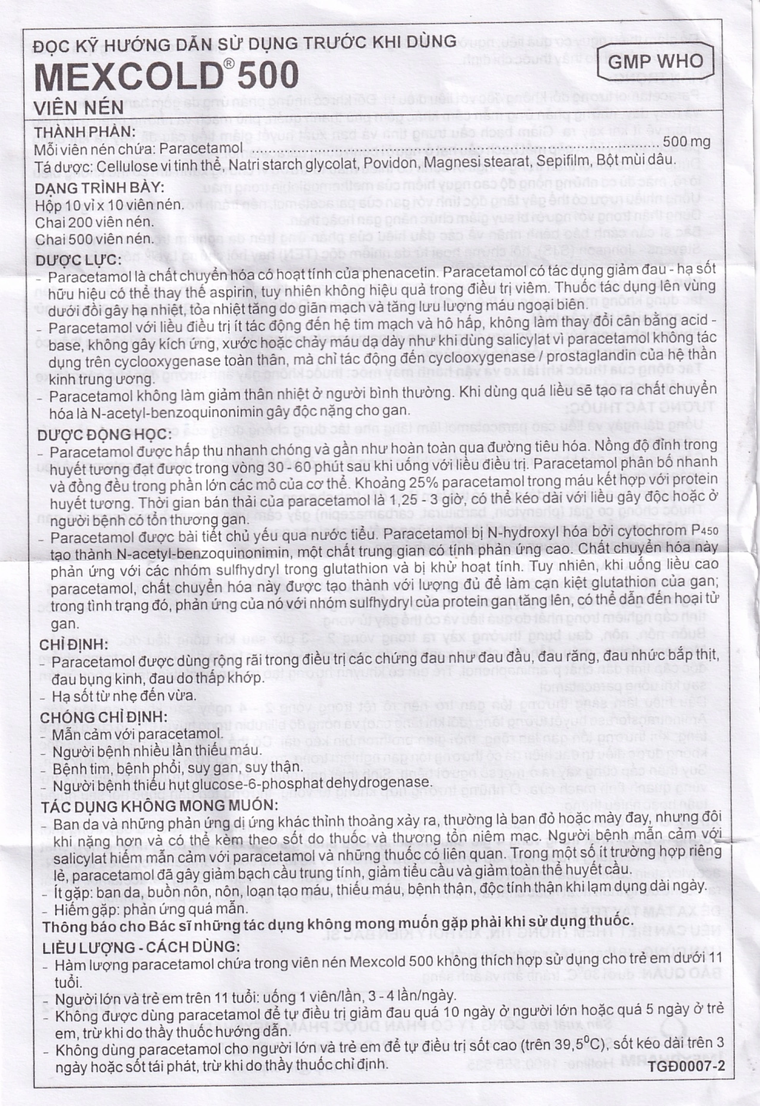 Viên nén Mexcold 500 Imexpharm điều trị đau đầu, đau răng, đau nhức bắp thịt (10 vỉ x 10 viên)