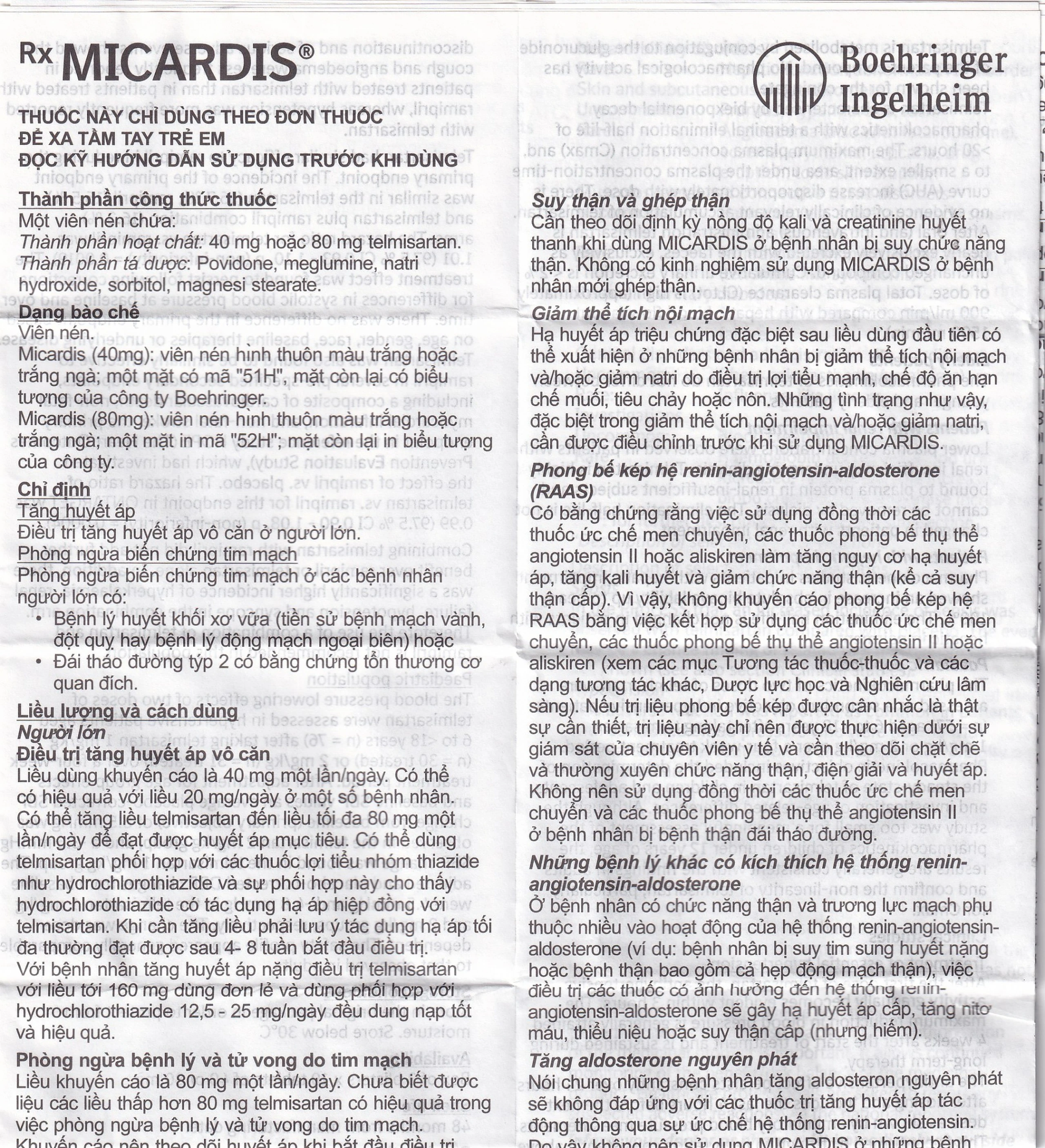 Viên nén Micardis 40mg Boehringer điều trị tăng huyết áp vô căn (3 vỉ x 10 viên)