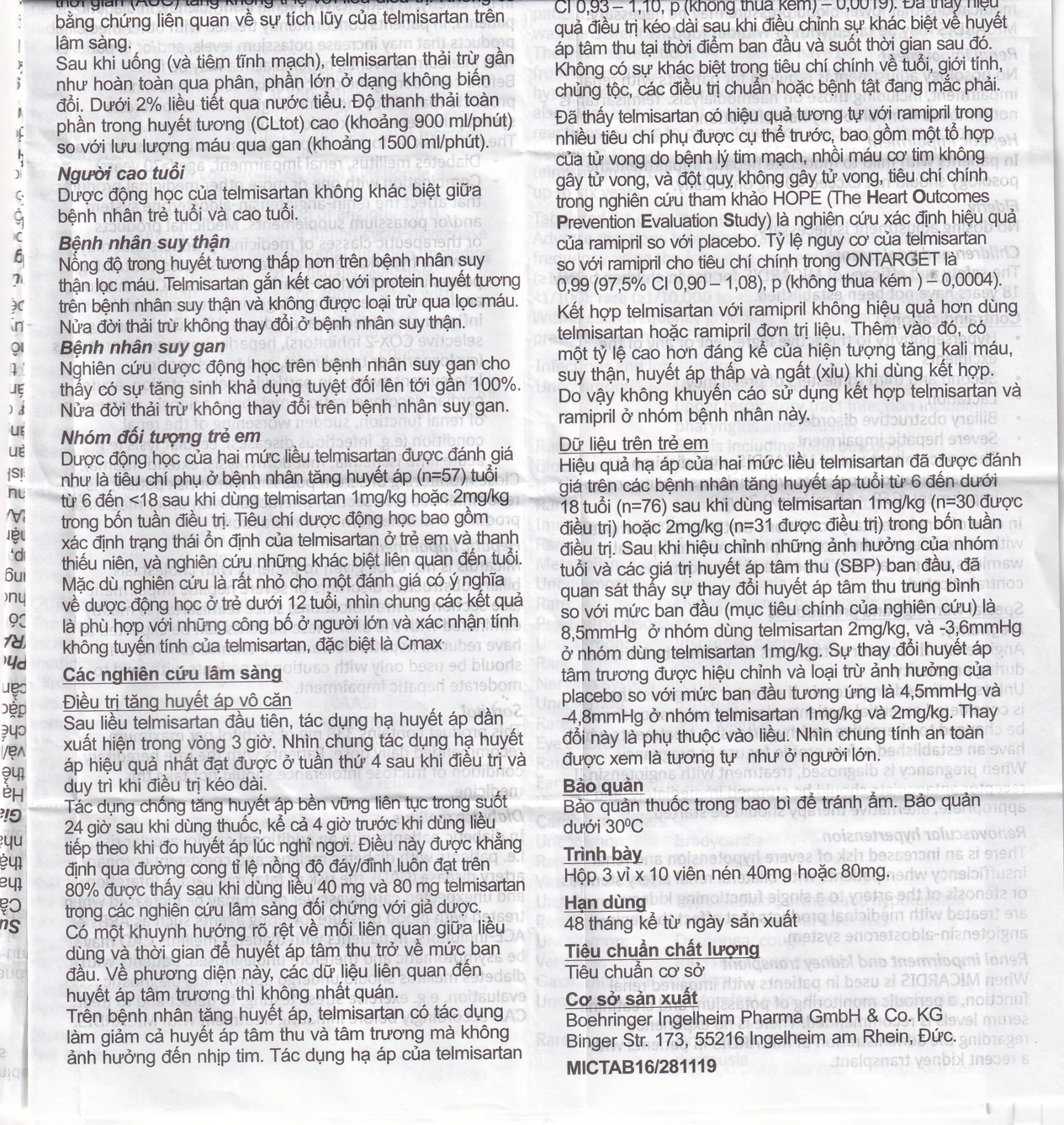 Viên nén Micardis 40mg Boehringer điều trị tăng huyết áp vô căn (3 vỉ x 10 viên)