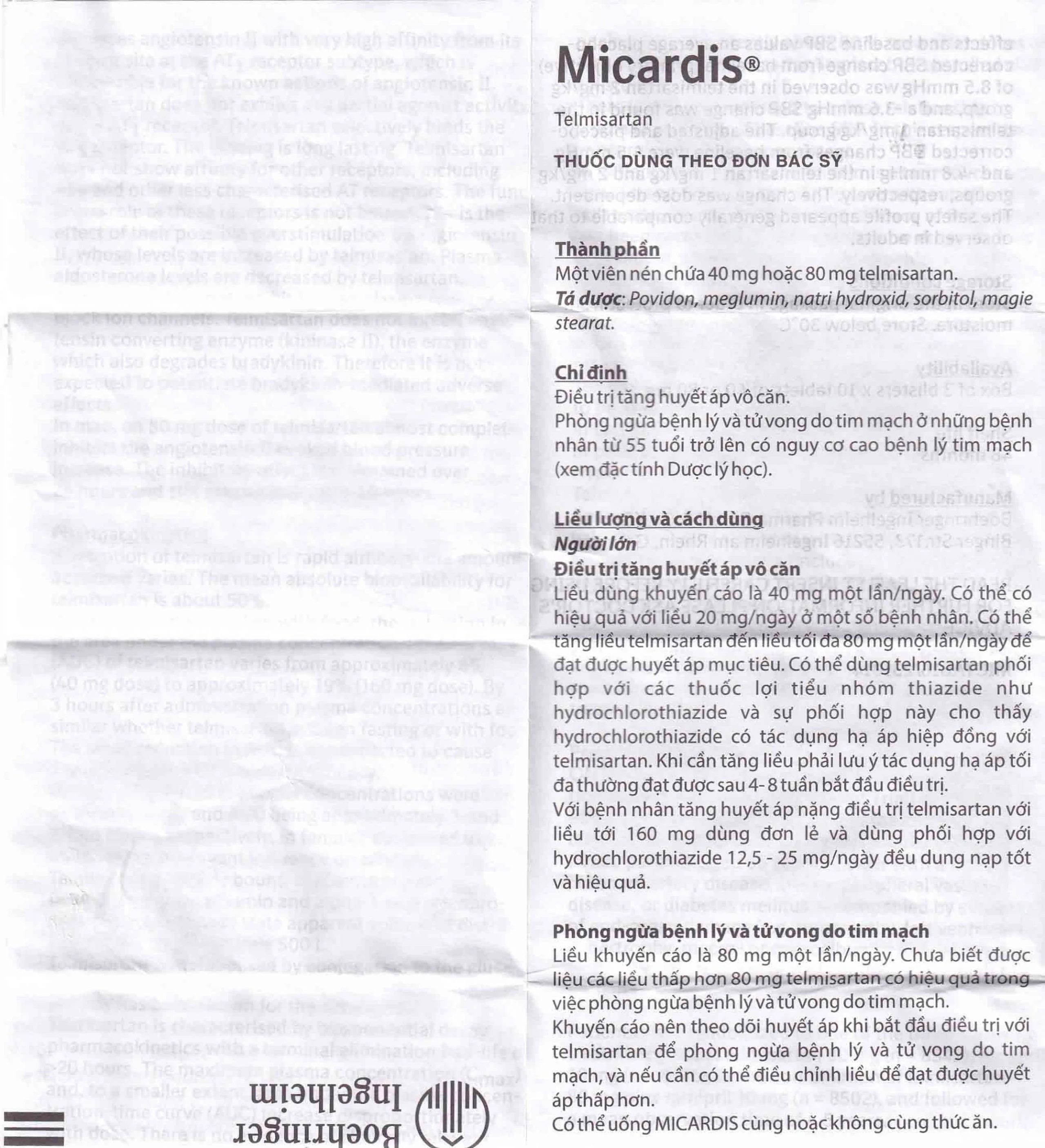 Viên nén Micardis 80mg Boehringer điều trị tăng huyết áp vô căn (3 vỉ x 10 viên)