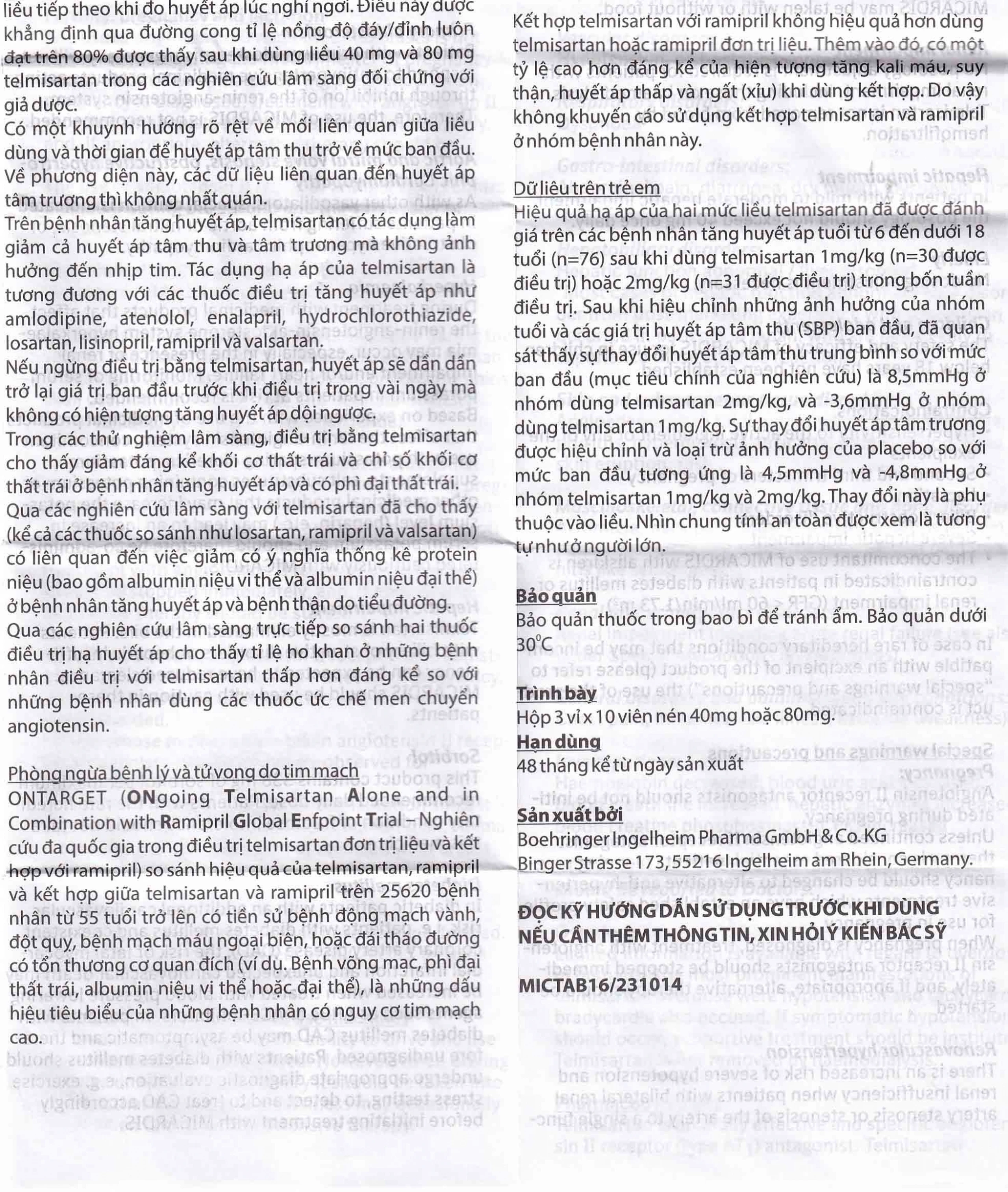 Viên nén Micardis 80mg Boehringer điều trị tăng huyết áp vô căn (3 vỉ x 10 viên)