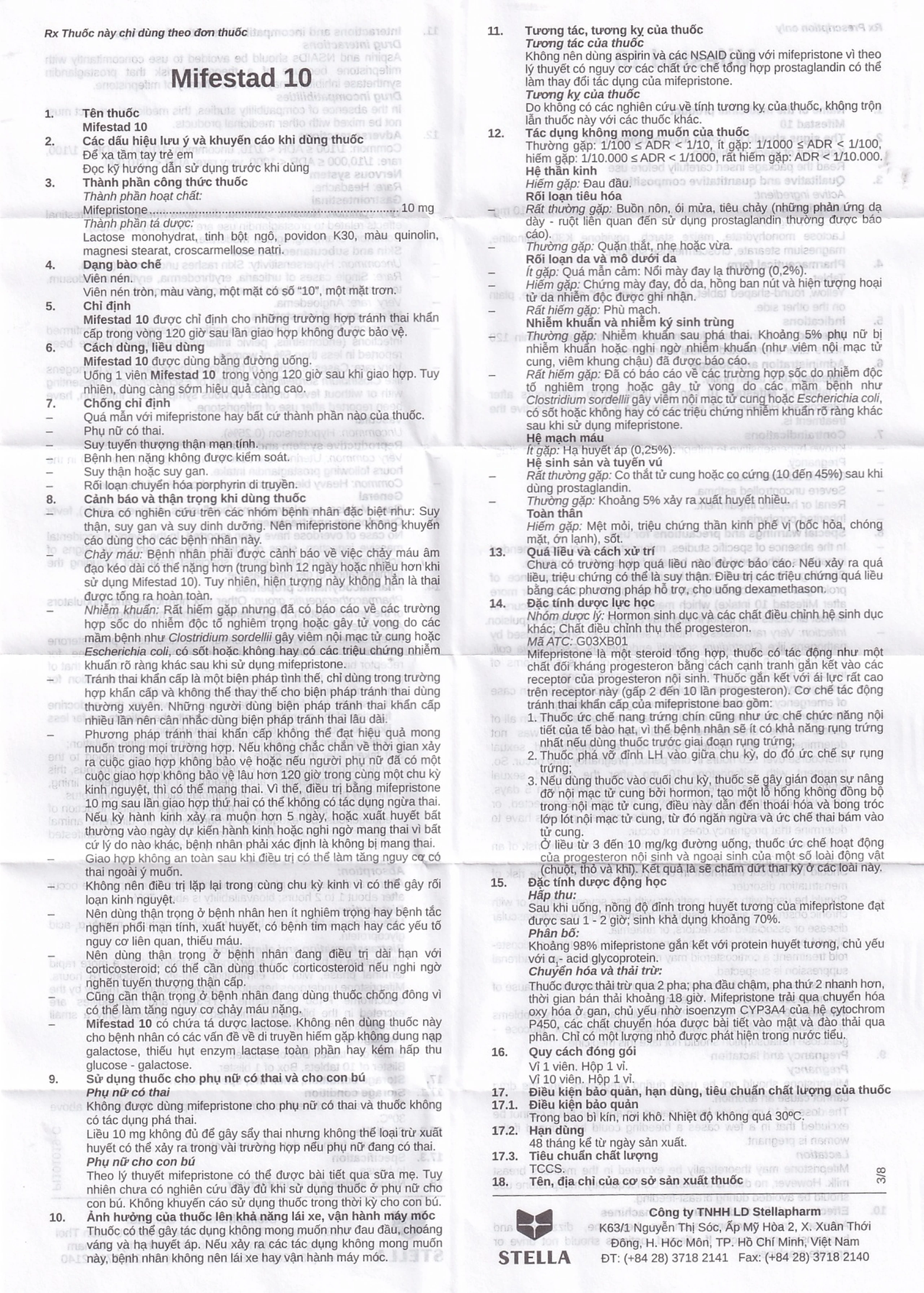 Thuốc Mifestad 10 Stella điều trị tránh thai khẩn cấp trong 120 giờ sau khi giao hợp (1 viên)
