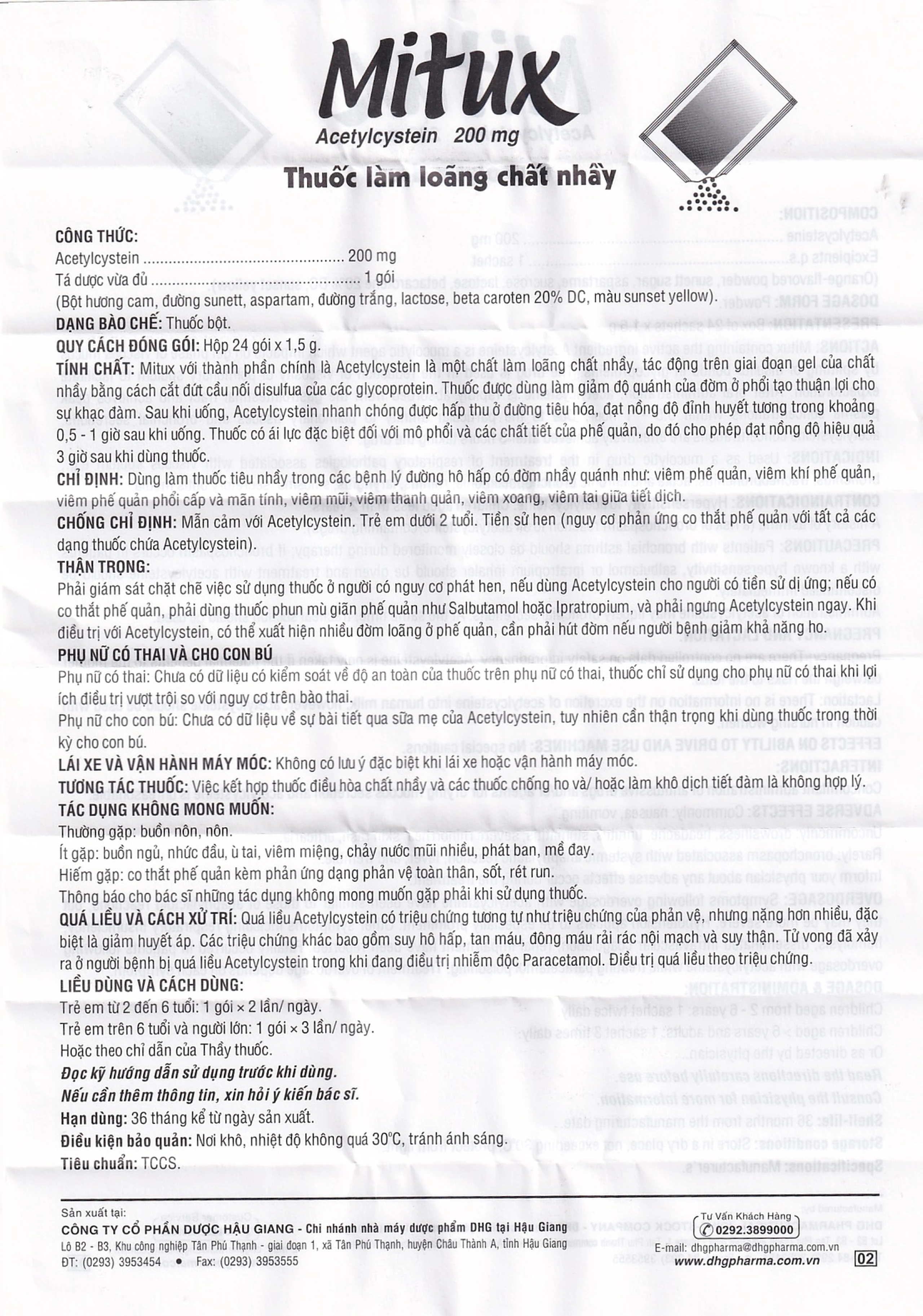 Thuốc bột uống Mitux 200mg DHG Pharma làm loãng chất nhầy đường hô hấp (24 gói x 1,5g)    	