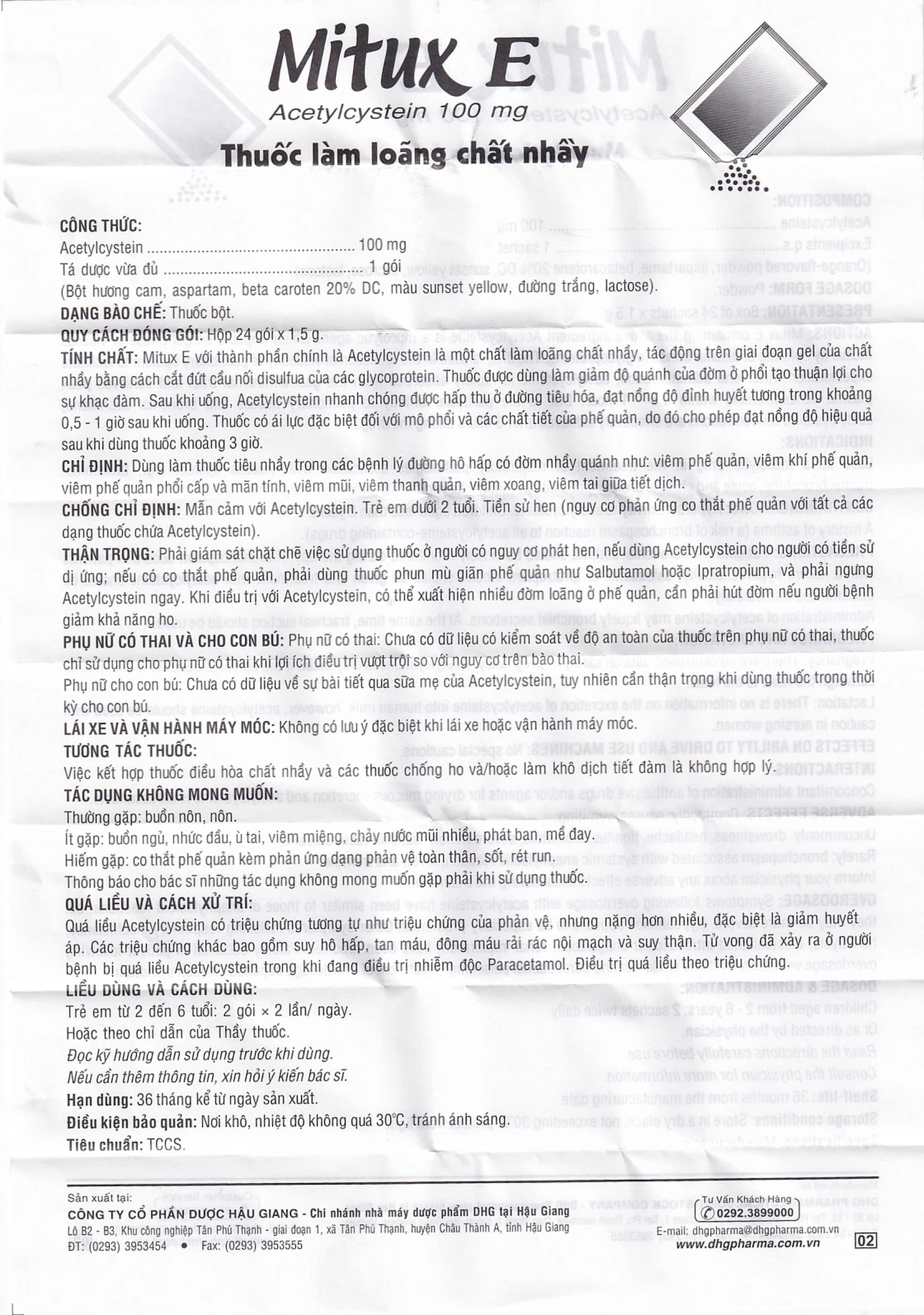 Thuốc bột uống Mitux E 100mg DHG Pharma làm loãng chất nhầy (24 gói x 1,5g)