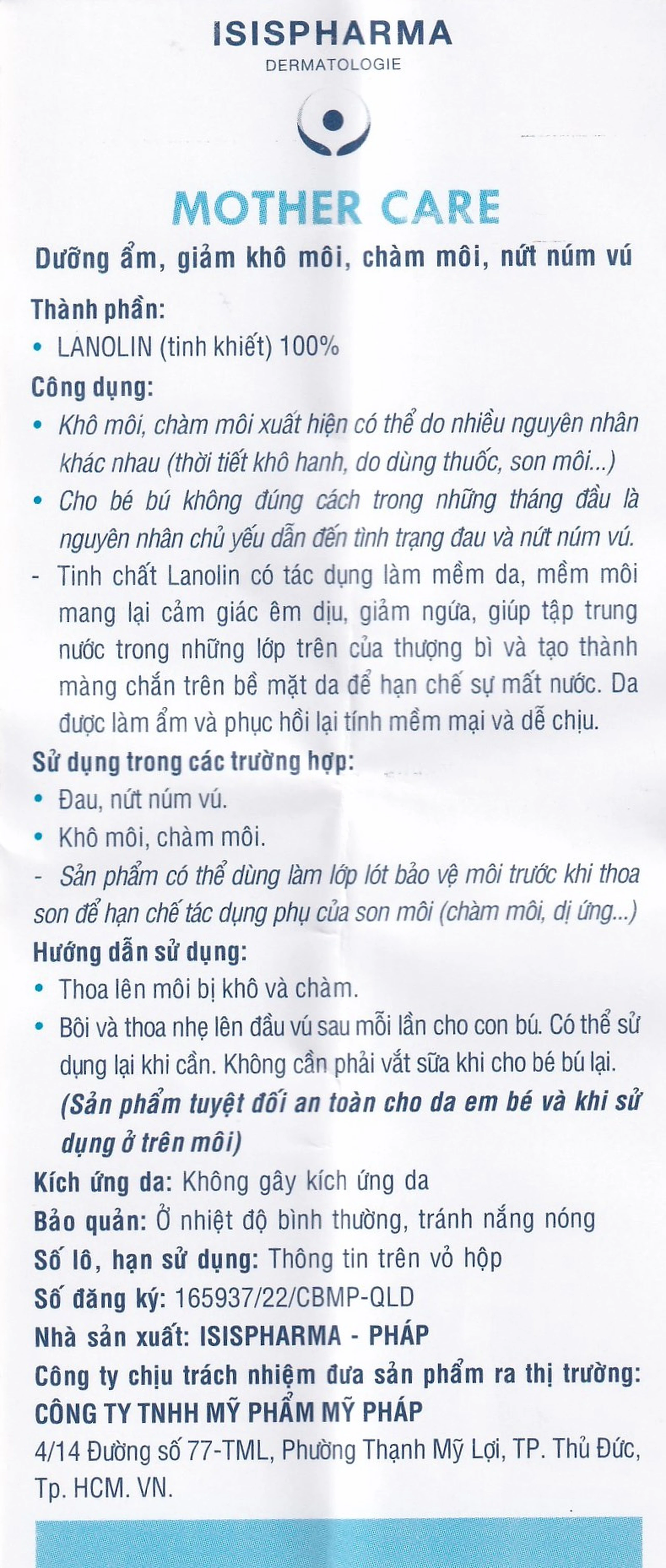 Kem Isis Pharma Mothercare dưỡng ẩm, giảm khô môi, chàm môi, nứt núm vú (15ml)