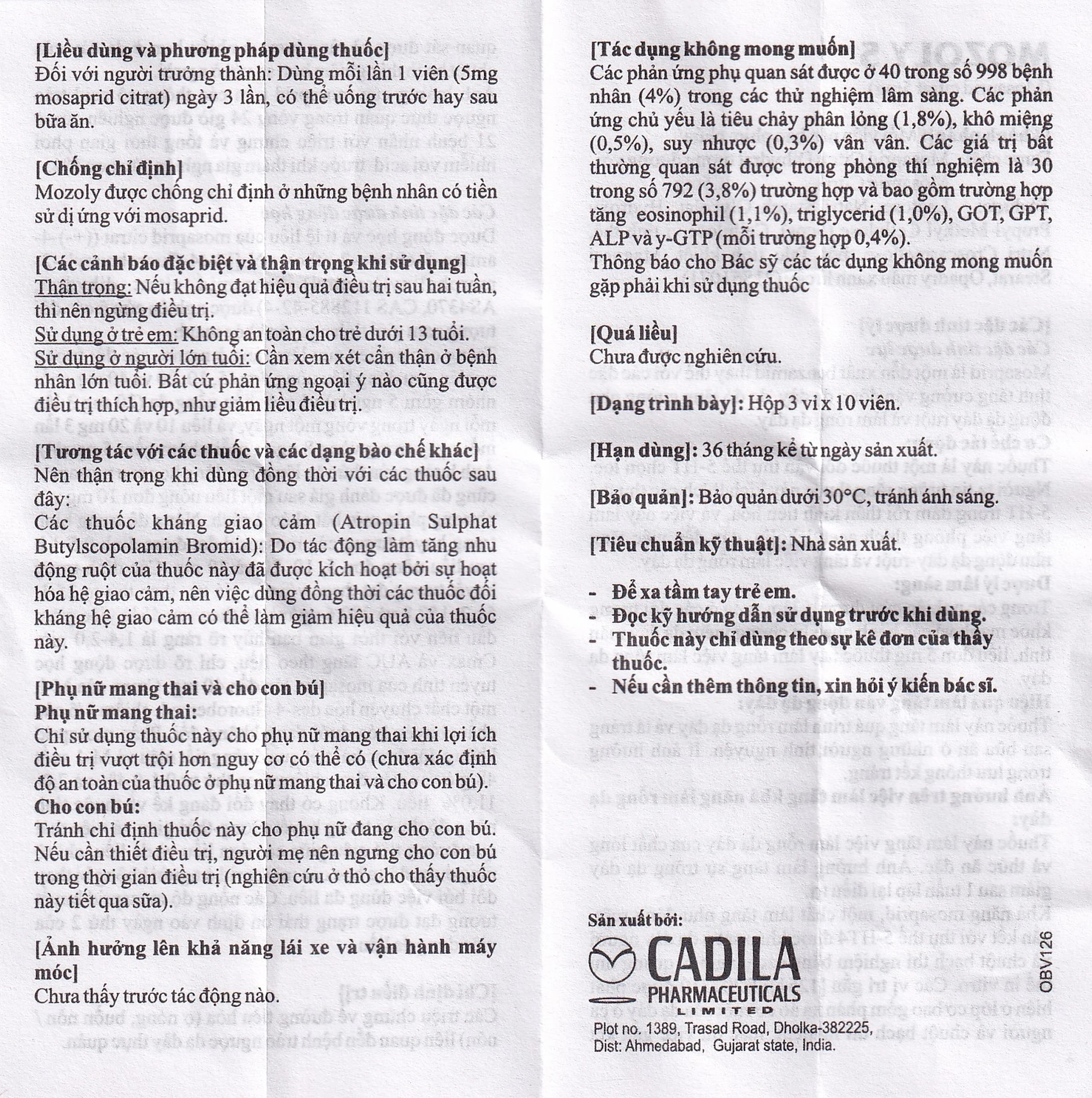 Viên nén Mozoly 5mg Cadila điều trị ợ nóng, buồn nôn, trào ngược dạ dày - thực quản (3 vỉ x 10 viên) 