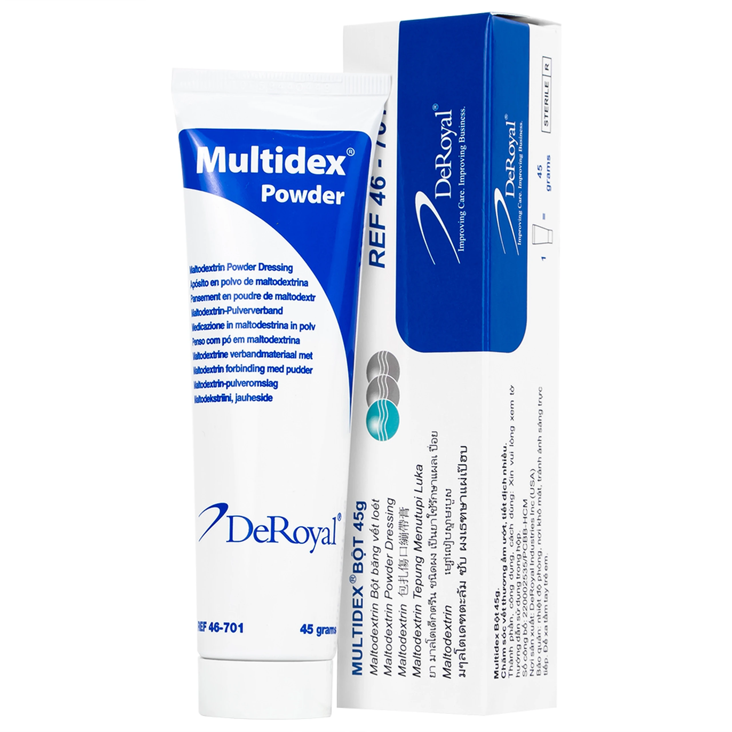 Bột phủ vết thương Multidex Powder Deroyal 45g hỗ trợ điều trị viêm nhiễm da, làm lành các vết loét mãn tính