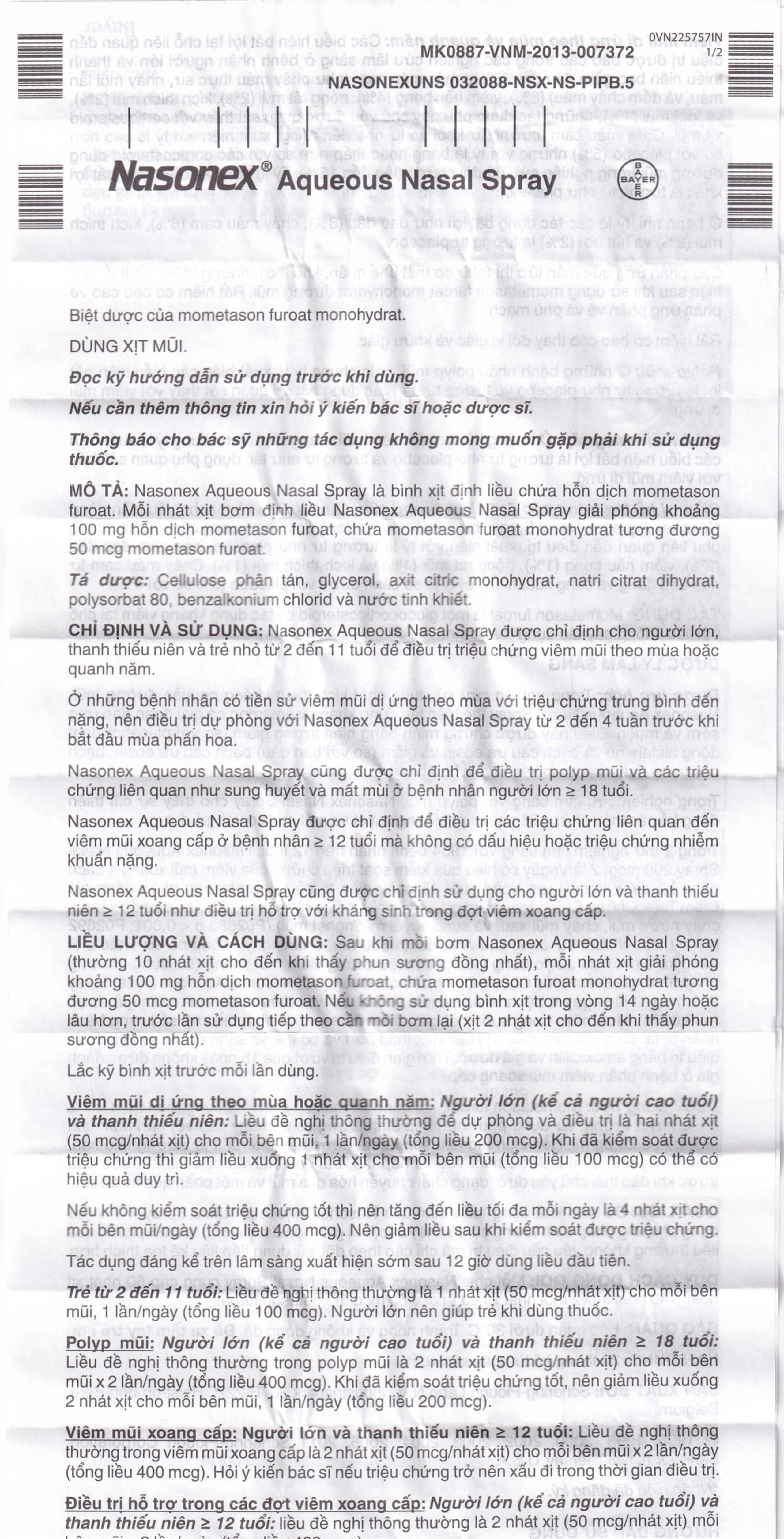 Thuốc xịt mũi Nasonex Bayer điều trị viêm mũi dị ứng (60 liều)
