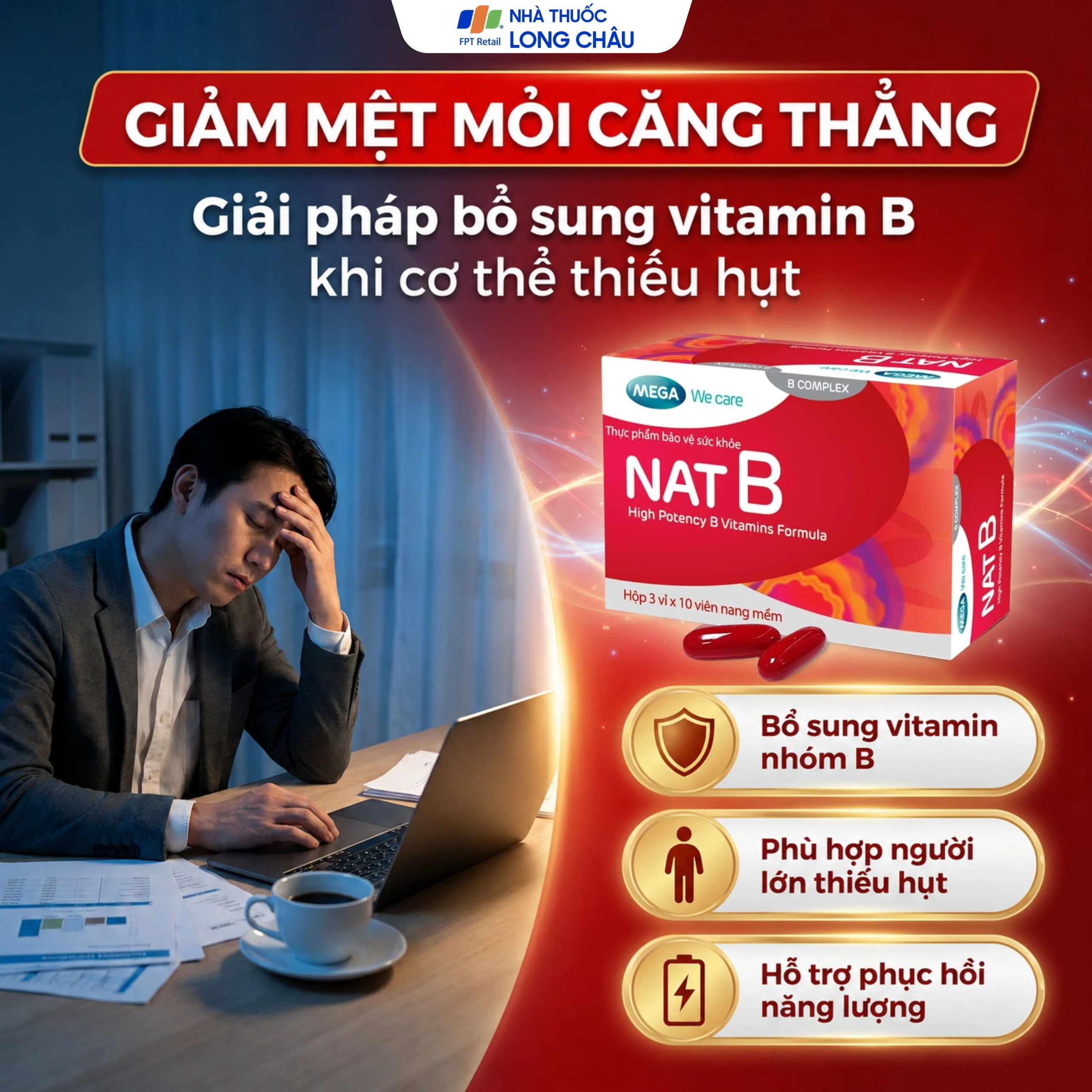Viên uống bổ sung vitamin nhóm B NAT B MEGA We care (3 vỉ x 10 viên) 3