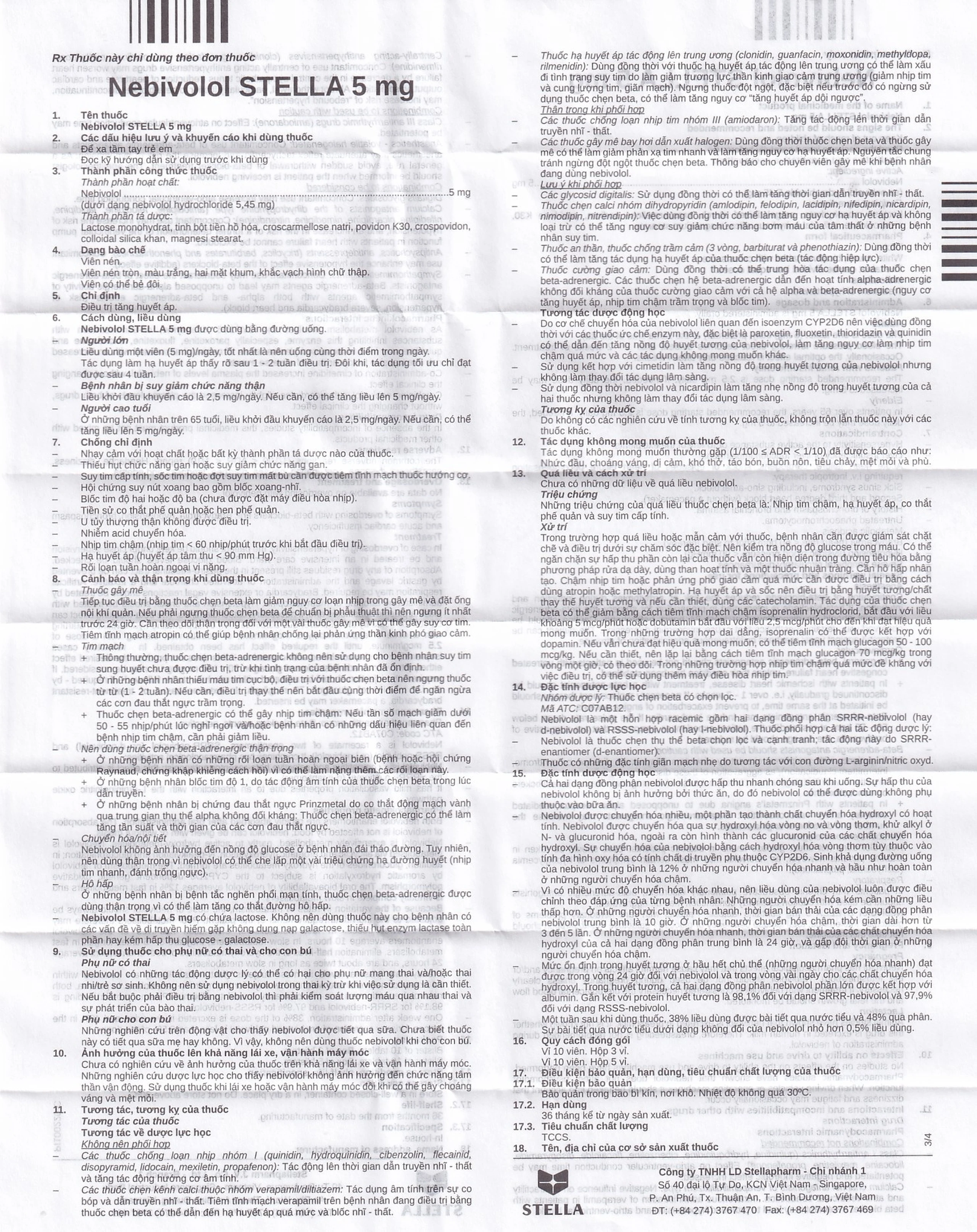 Viên nén Nebivolol Stella 5mg điều trị tăng huyết áp (3 vỉ x 10 viên)