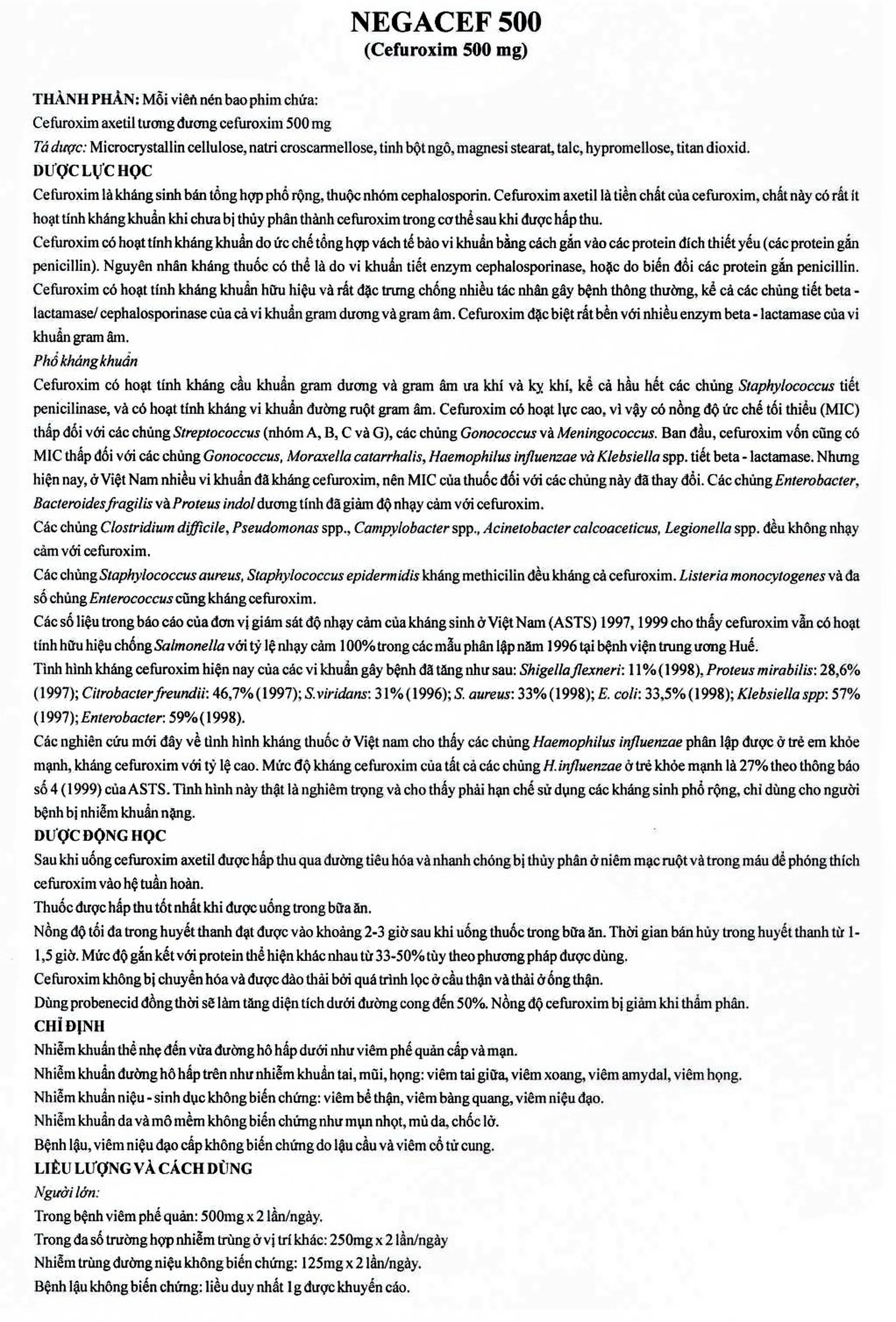 Thuốc Negacef 500 Pymepharco điều trị nhiễm khuẩn đường hô hấp, nhiễm khuẩn tai mũi họng (2 vỉ x 5 viên) 