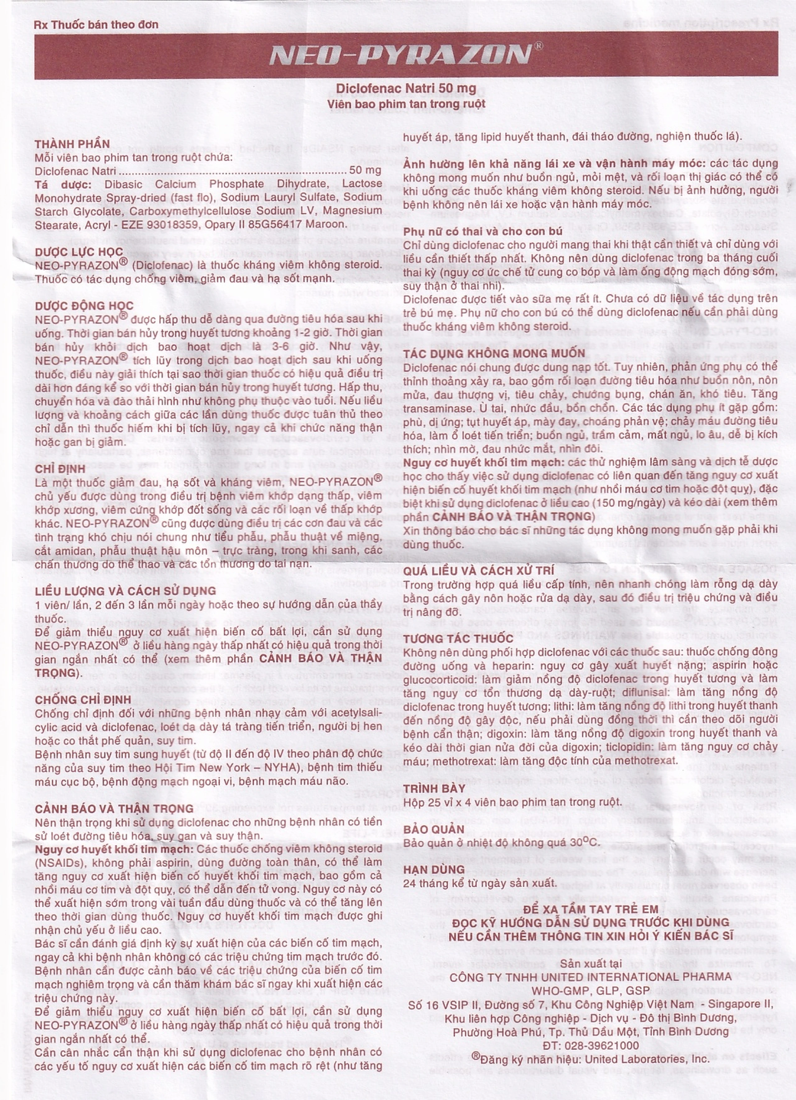 Thuốc Neo-Pyrazon 50mg United giảm đau, hạ sốt và kháng viêm (25 vỉ x 4 viên)