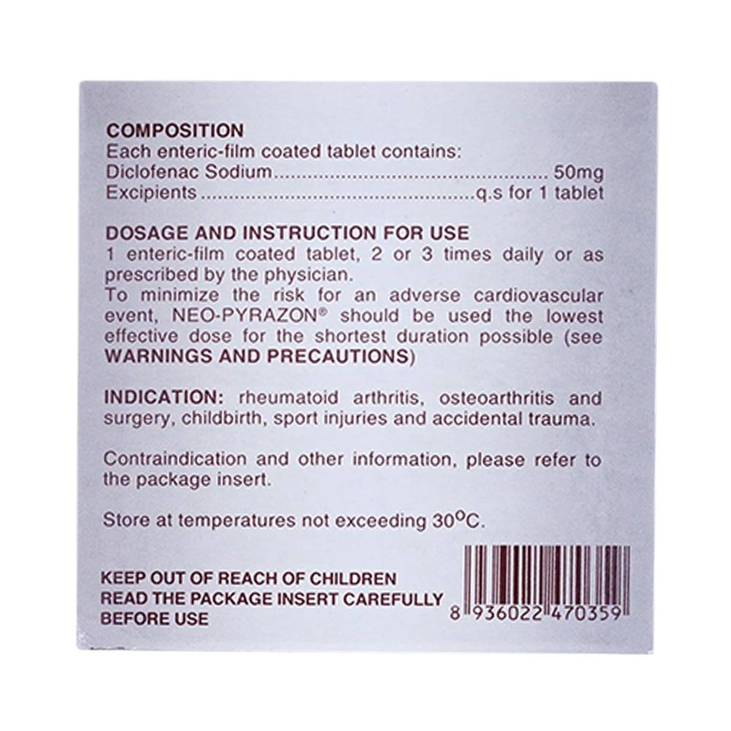 Thuốc Neo-Pyrazon 50mg United giảm đau, hạ sốt và kháng viêm (25 vỉ x 4 viên)