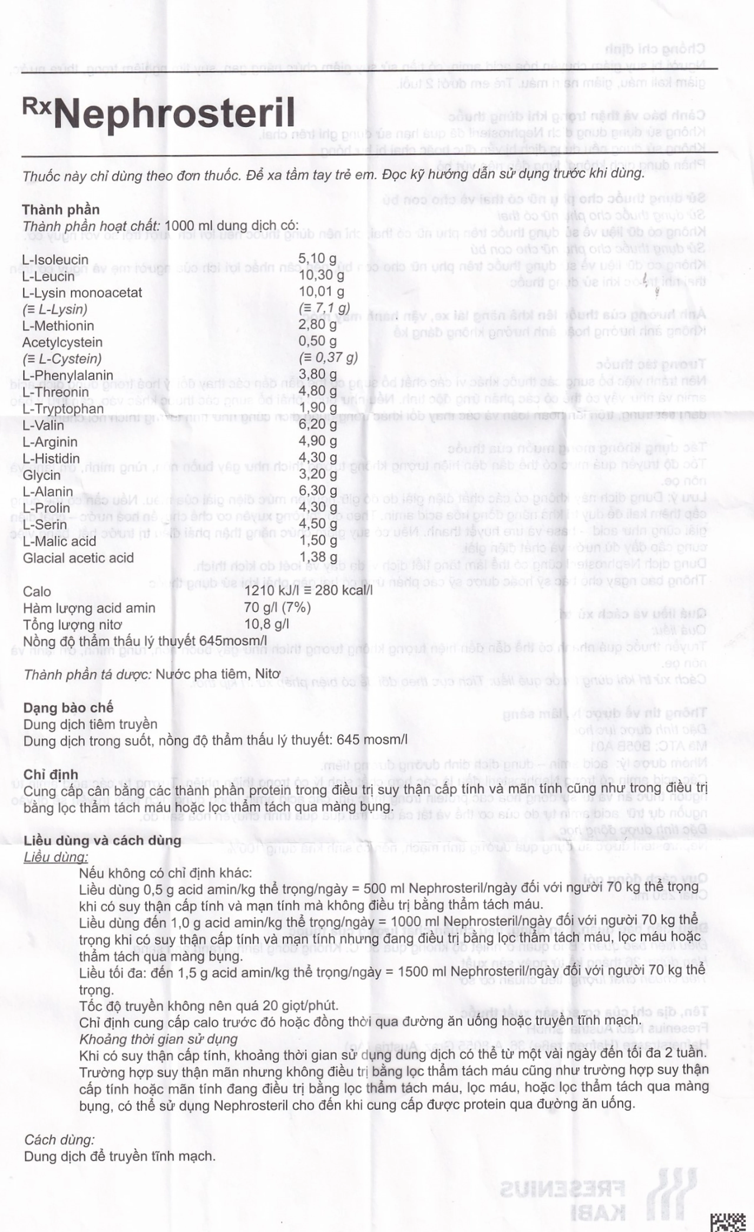 Dịch truyền Nephrosteril Fresenius Kabi điều trị suy thận cấp và mãn tính (250ml)