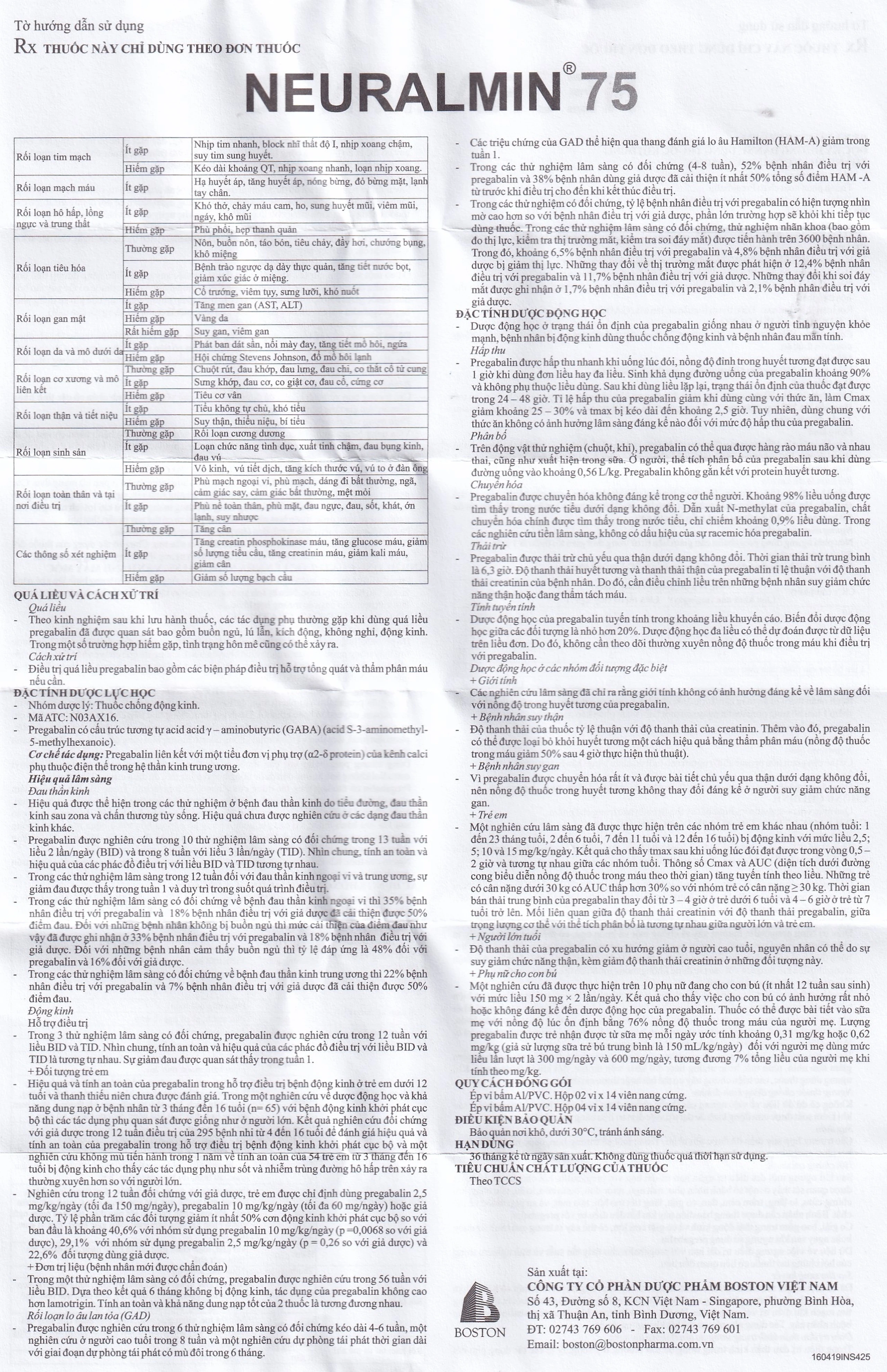 Viên nang cứng Neuralmin 75 Boston Pharma điều trị đau thần kinh, động kinh, rối loạn lo âu (2 vỉ x 14 viên)