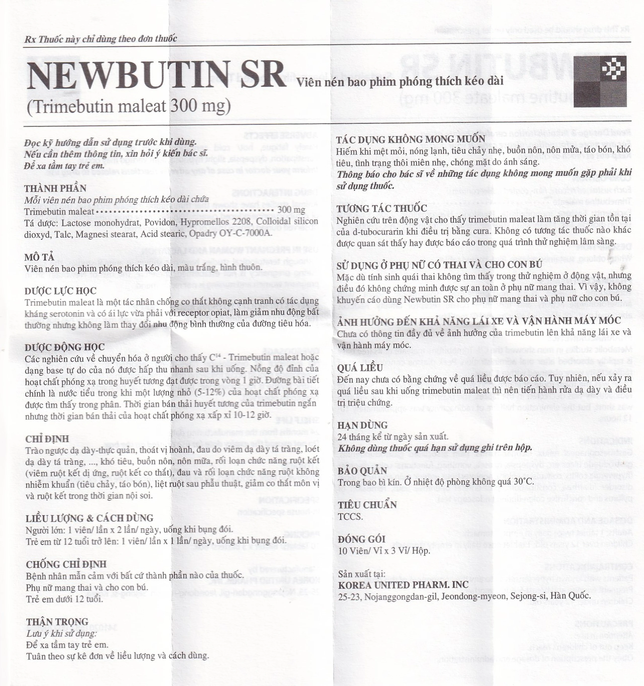 Viên nén Newbutin SR 300mg Korea United điều trị trào ngược dạ dày - thực quản (3 vỉ x 10 viên)