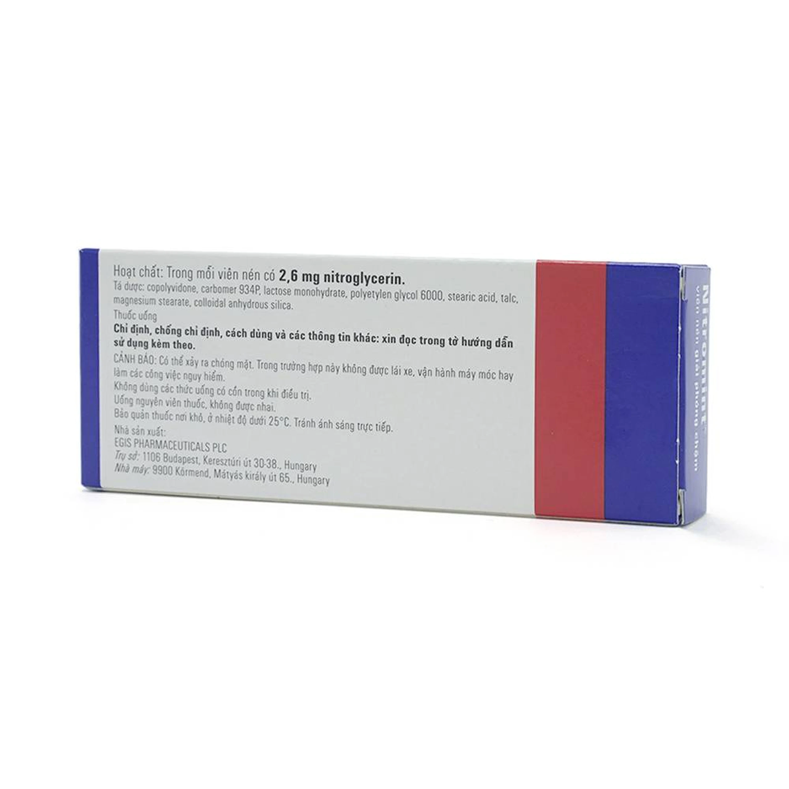 Viên nén Nitromint 2,6mg Egis Pharma điều trị bệnh động mạch vành, đau thắt ngực (3 vỉ x 10 viên) 