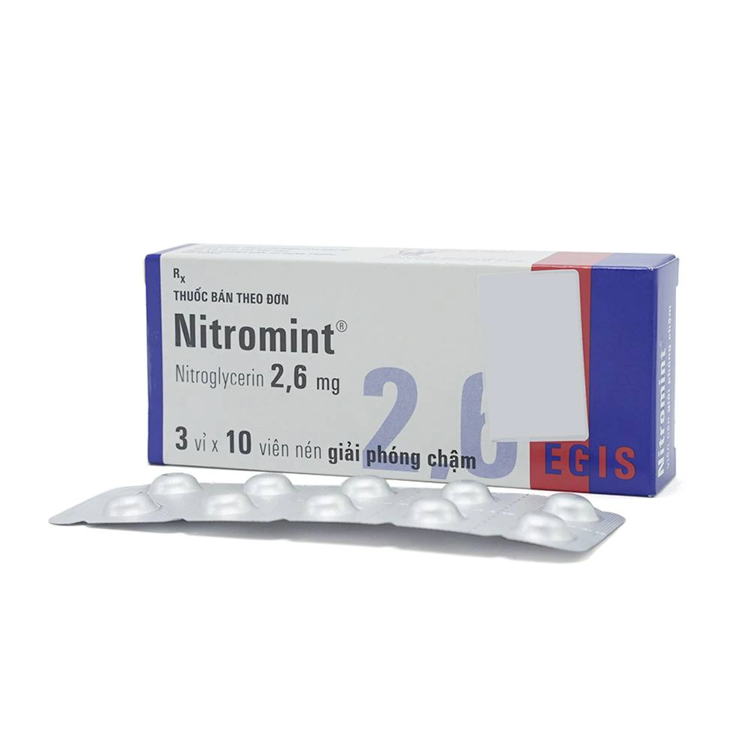 Viên nén Nitromint 2,6mg Egis Pharma điều trị bệnh động mạch vành, đau thắt ngực (3 vỉ x 10 viên) 