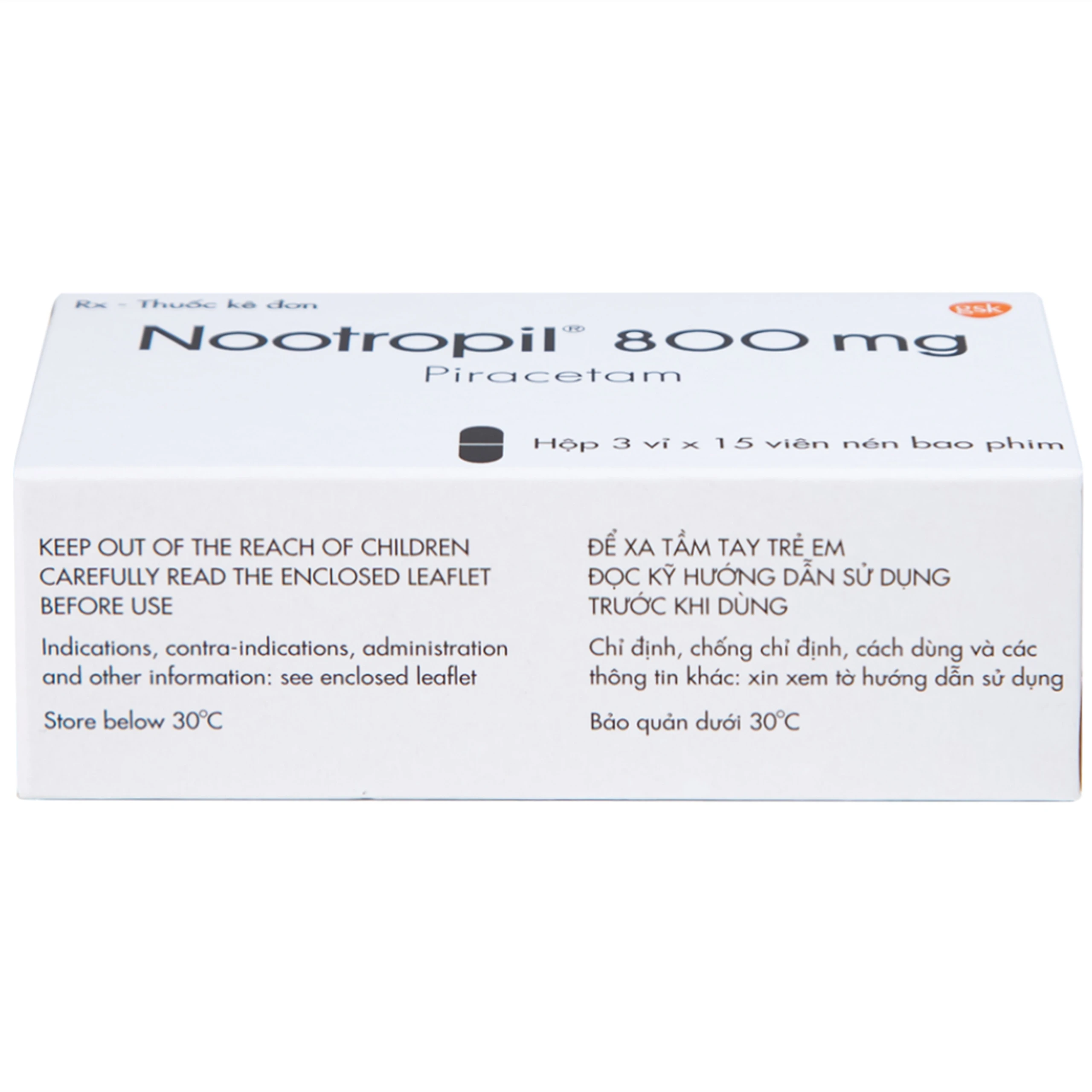 Viên nén Nootropil 800mg GSK điều trị hội chứng tâm thần (3 vỉ x 15 viên)