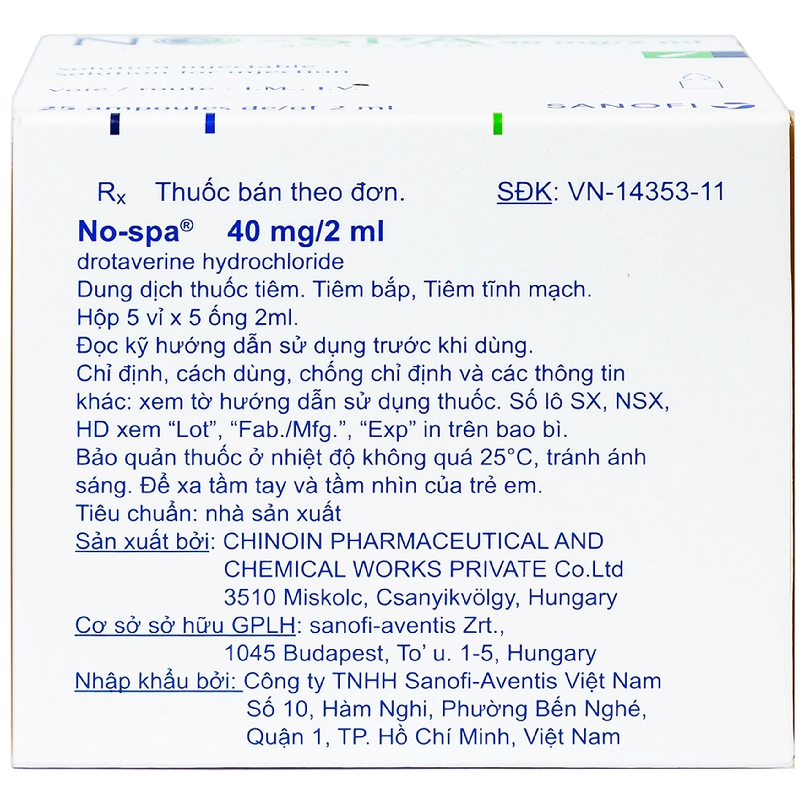 Dung dịch tiêm No-Spa 40mg/2ml Sanofi chống co thắt cơ, điều trị sỏi túi mật, sỏi ống mật (5 vỉ x 5 ống x 2ml)