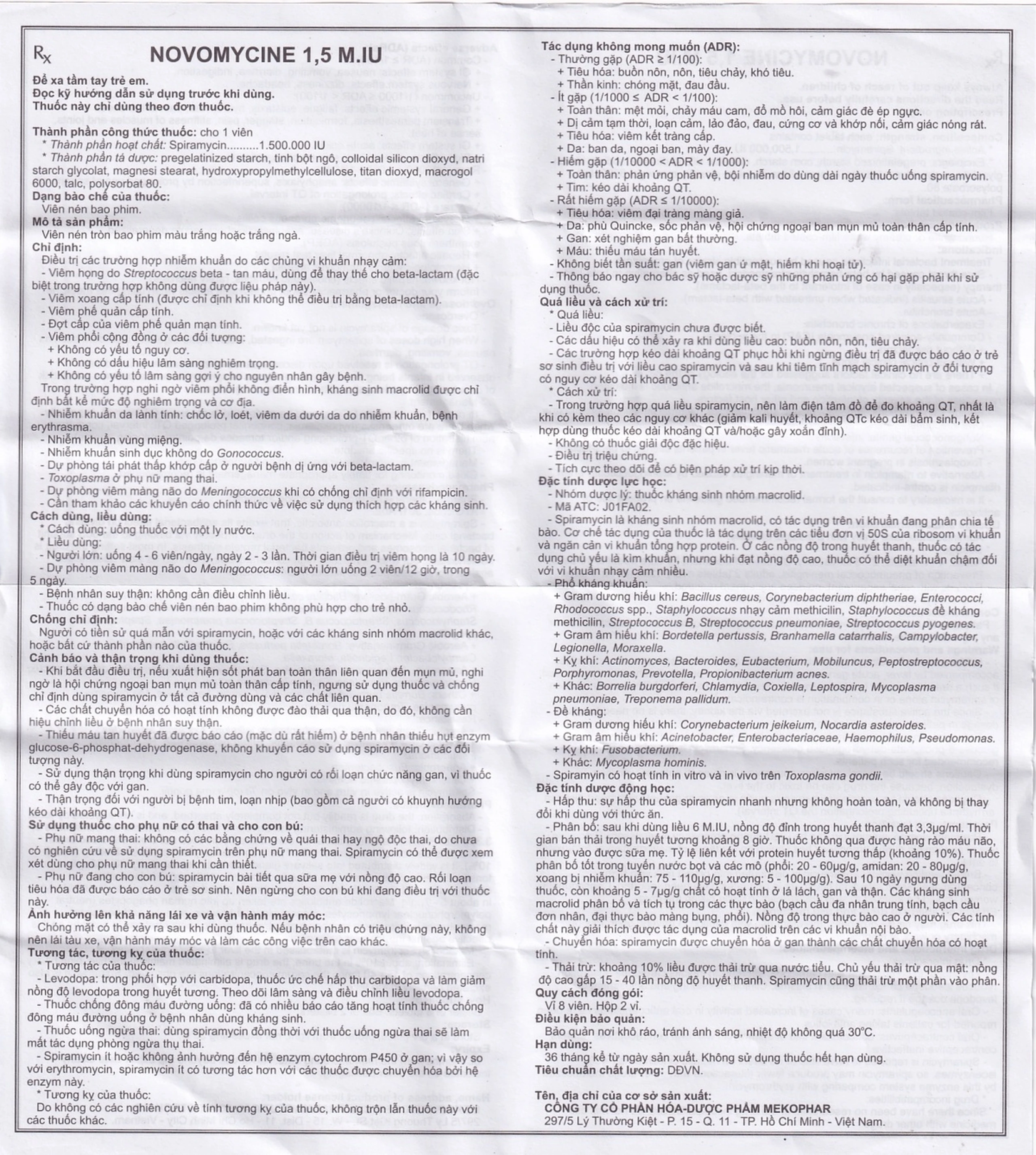 Viên nén Novomycine 1.5 M.IU Mekophar điều trị viêm họng, viêm xoang cấp (2 vỉ x 8 viên)